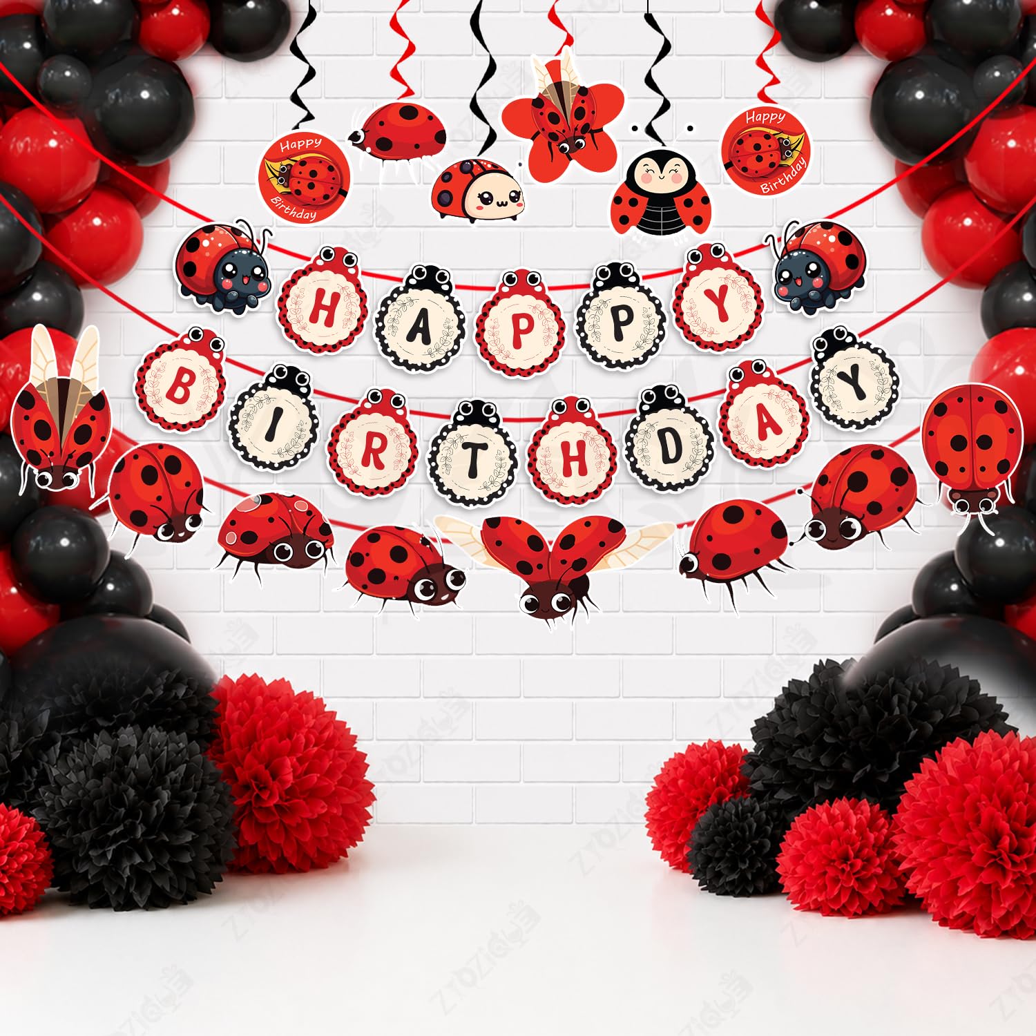 Zyozique Ladybug Theme Birthday Party Decorations Set, Red & Black, Happy Birthday Paper Banner, Character Paper Banner with Swi