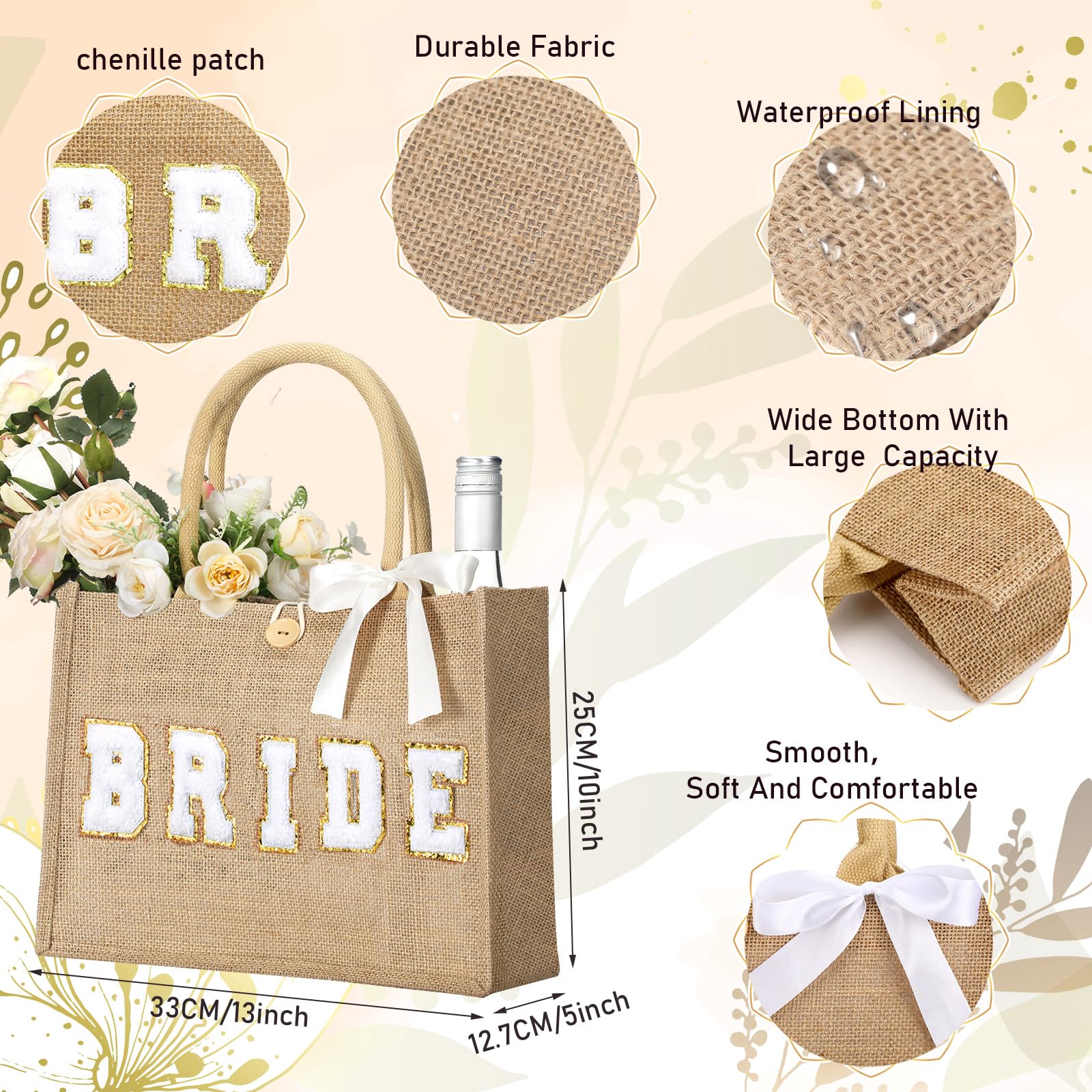 Silkfly Wedding Bride Bag Natural Jute Tote with Ribbon Bride Gift Bag with Handle for Shower(Gold Diamond,Bride)