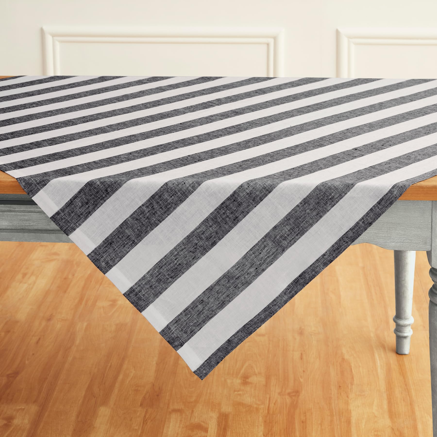 Solino Home Cabana Stripe Linen Tablecloth 52 X 52 Inch - 100% Pure Linen Black And White Table Throw For Spring, Easter - Handc