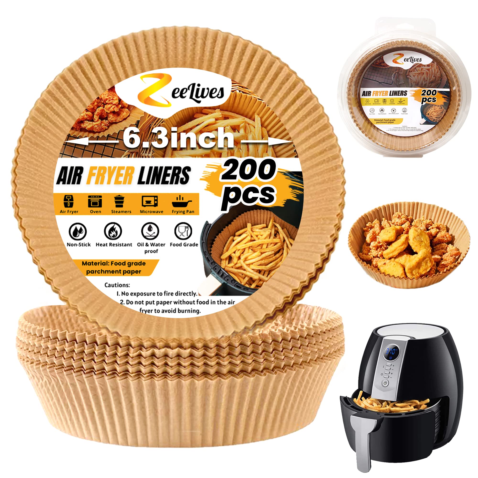 Air Fryer Liners 6.3 inch Round (Fits 2-5Qt) - 200 Pcs Non-Stick Air Fryer Disposable Paper Liner for Easy Cleanup - Parchment Paper Liners Oil-proof & Water-proof use for Steamer  Microwave & Oven