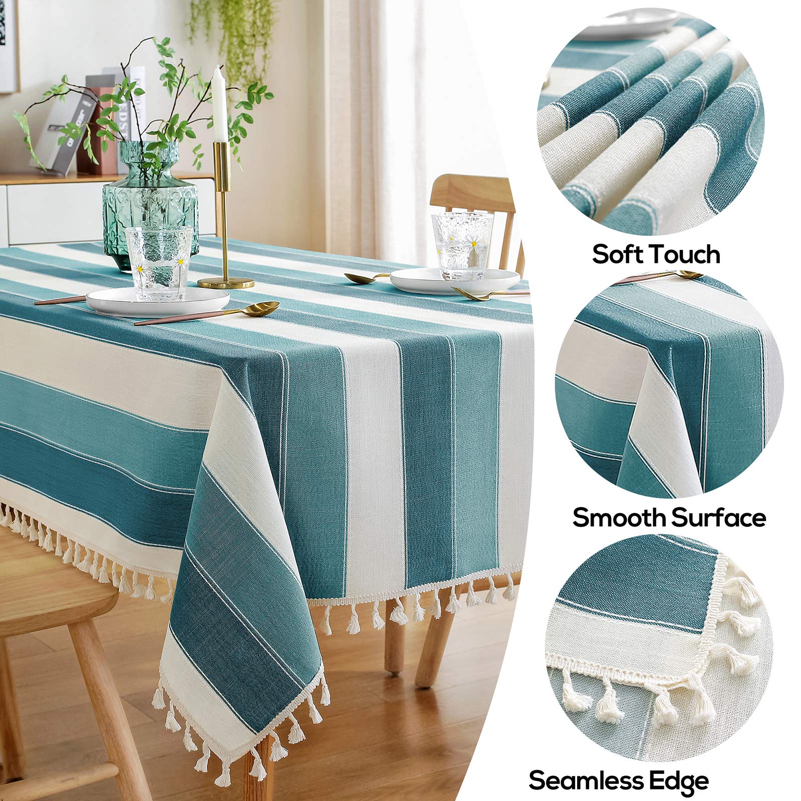 Amhoo Striped Tassel Tablecloth Stitching Rectangle Table Cloth Cotton Linen Fabric Table Cover For Kitchen Dinning Tabletop 55