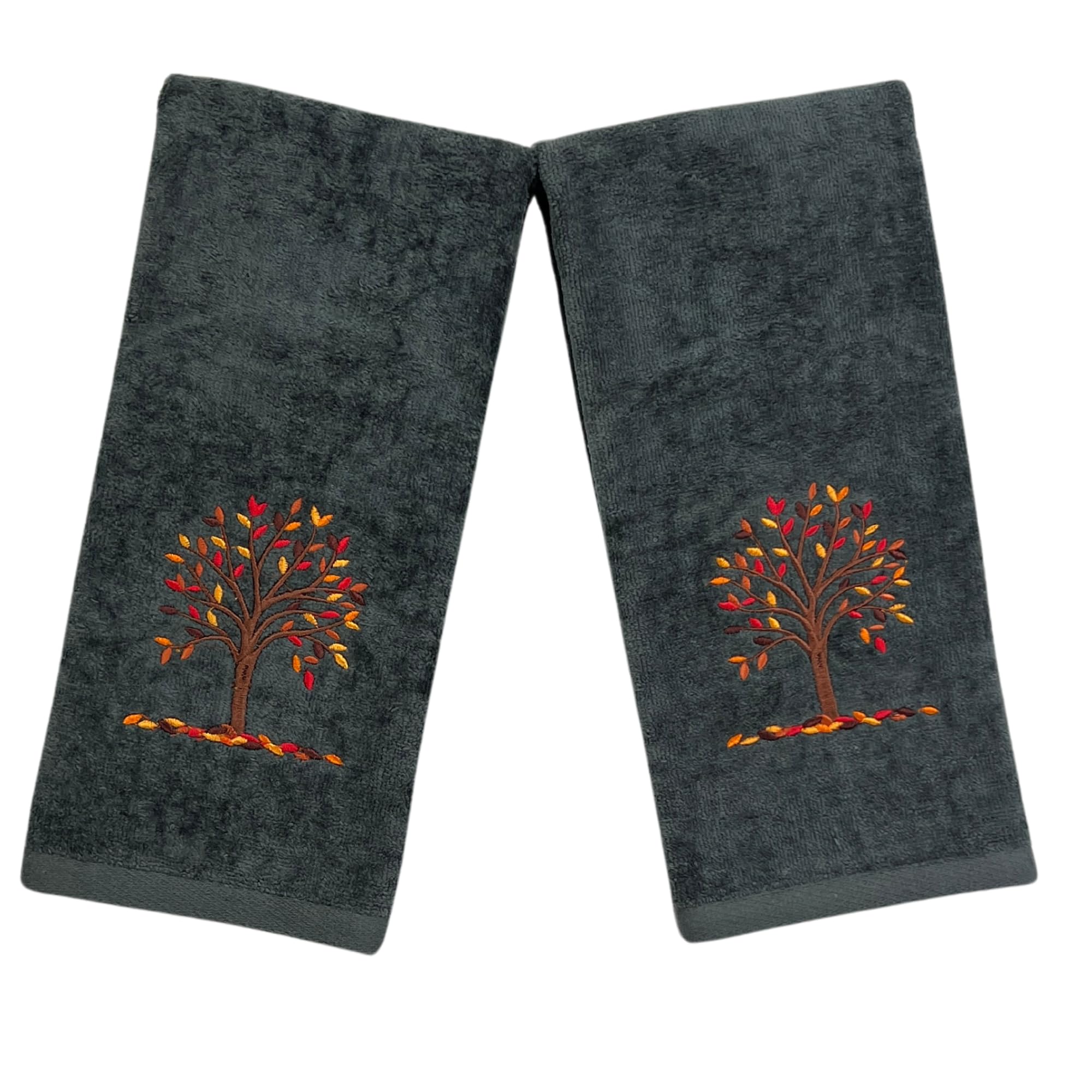 Harvest Fall Hand Towels: Plush Dark Grey Gray Cotton Towels With Autumn Tree Design Set Of 2, 16'' X 25'' Inch (Mod Harvest)