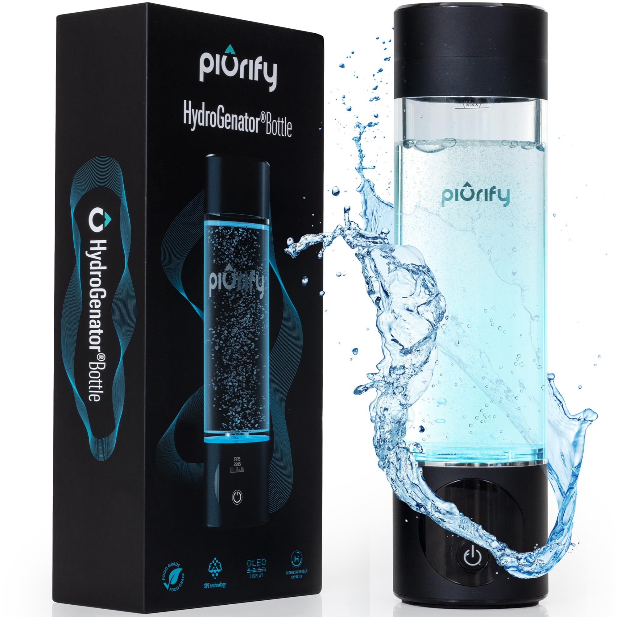 Piurify Hydrogen Water Bottle - Black. Food Grade Body Tumbler; Spe/Pem Technology, Generates Real 3000Ppb Pure Hydrogen Rich Co