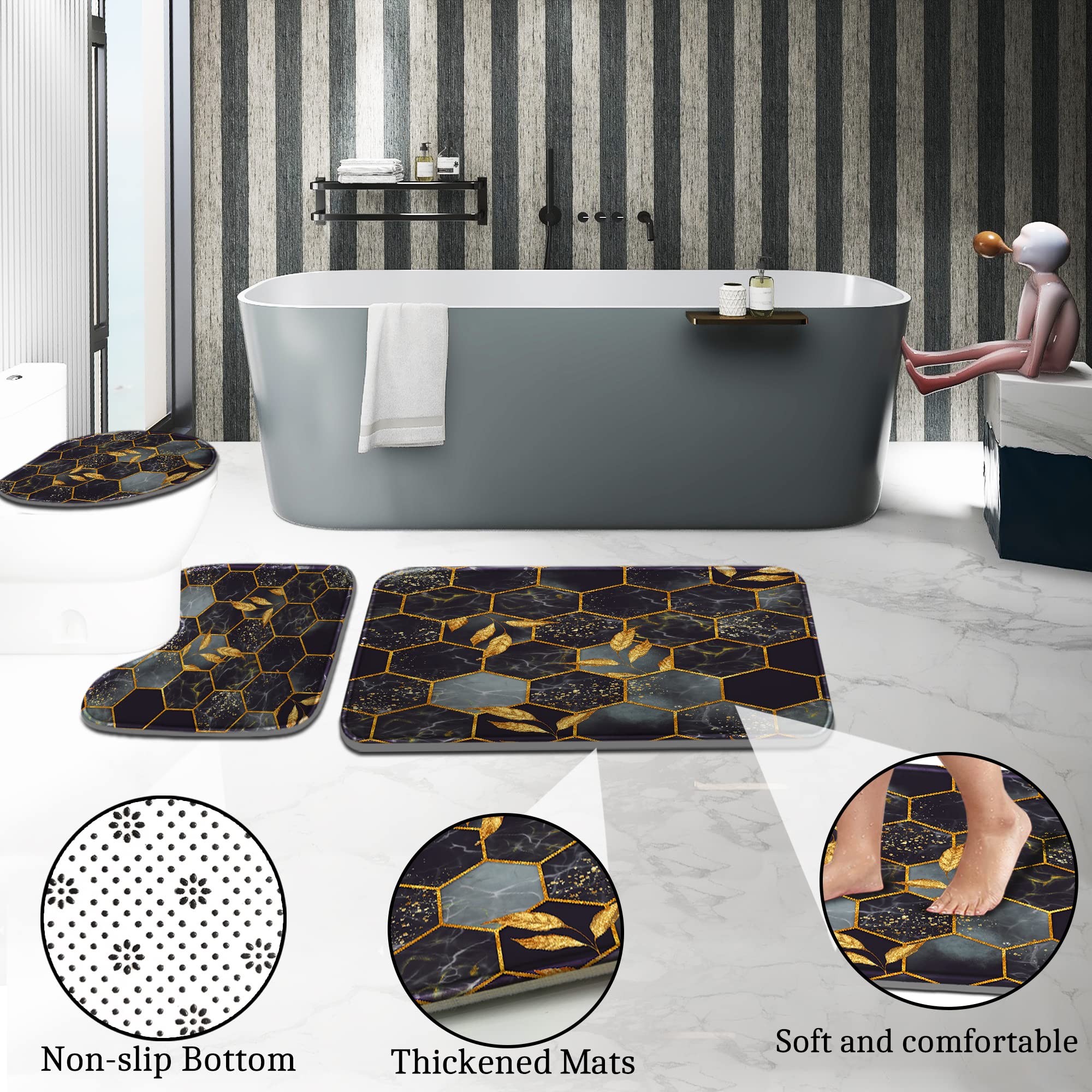 Poedist 4 Pcs Bathroom Shower Curtain Set,Bathroom Sets With Rugs(Bath Mat,U Shape And Toilet Lid Cover Mat) And 12 Hooks,Honeyc