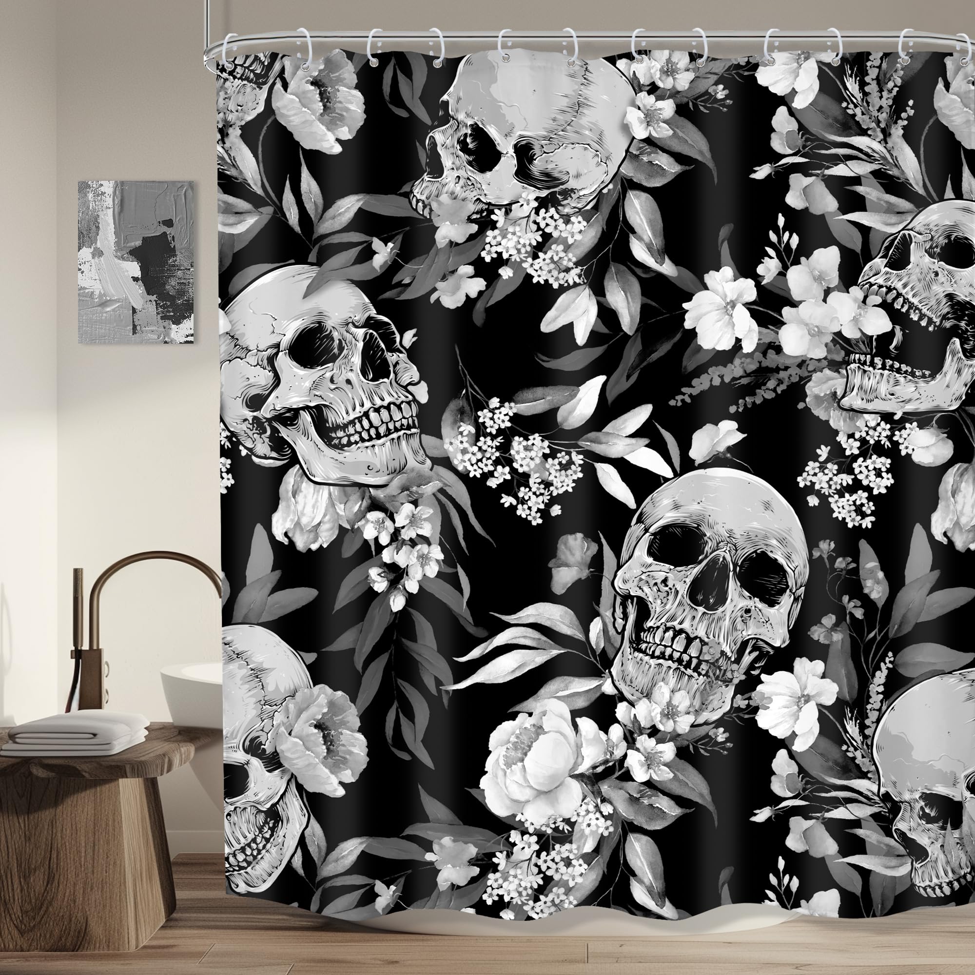 Mitpok Gothic Sugar Skull Shower Curtain 60Wx72H Black White Skeleton Goth Retro Spooky Flower Floral Halloween Plant Leaves Bot