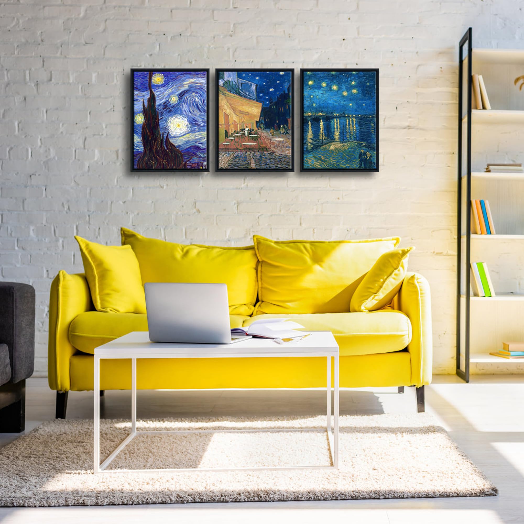 Wieco Art Framed 3 Panels Canvas Prints Of Vincent Van Gogh Paintings Reproduction Starry Night Over The Rhone Cafe Terrace At N