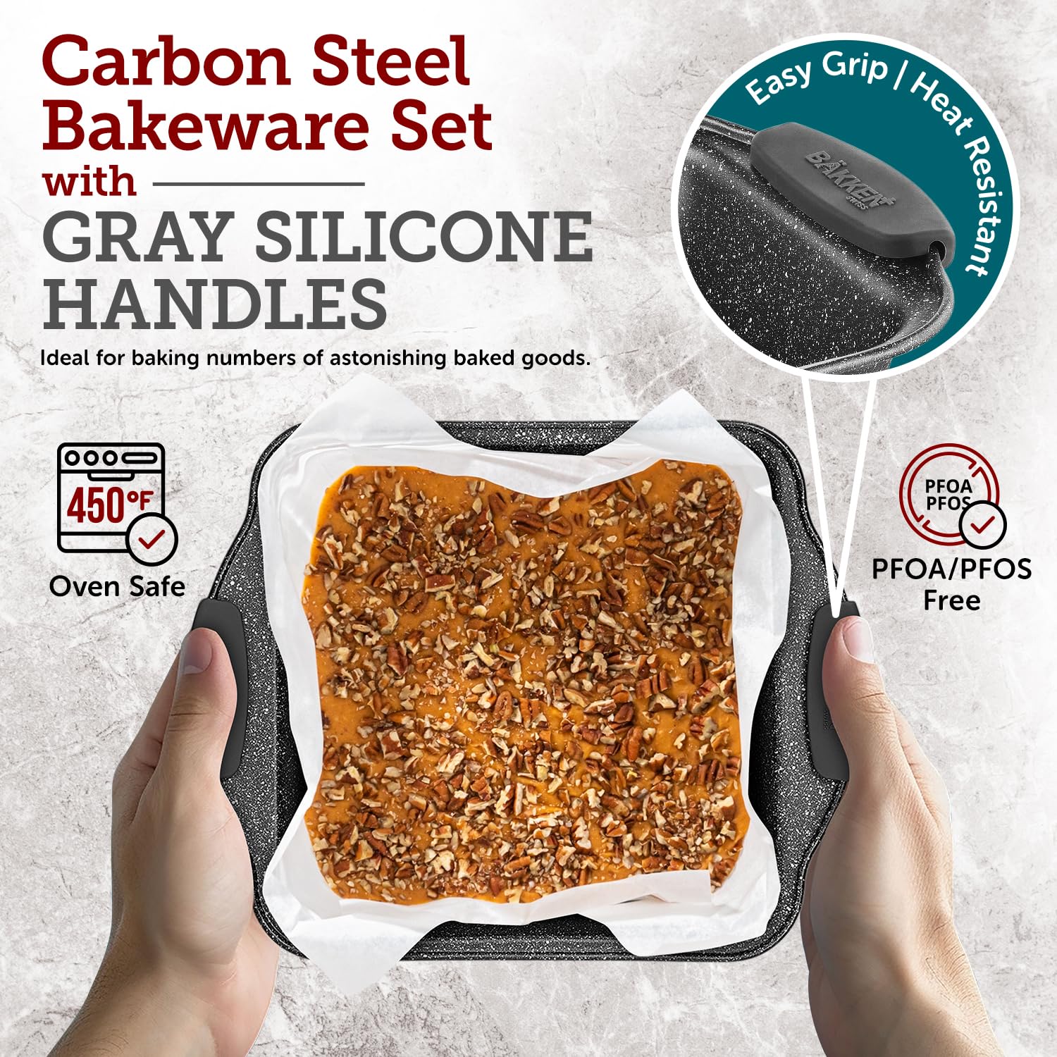 Bakken 8-Piece Kitchen Oven Baking Pans Set - Deluxe Nonstick Gray Marble Coating, Professional Grade Carbon Steel Bakeware With