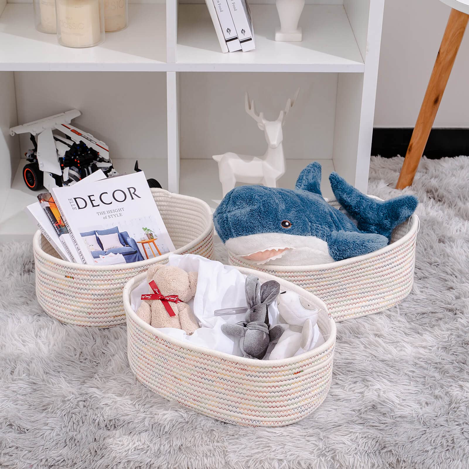 Kriitools Baskets&Bins for Shelf Storage &Organizing/Cute Basket to Store and Organize Daily Items/Woven Rope Basket for Living Room  Bedroom Playroom/Small Oval-13x8.66x5.11?? 3 Packs Rainbow