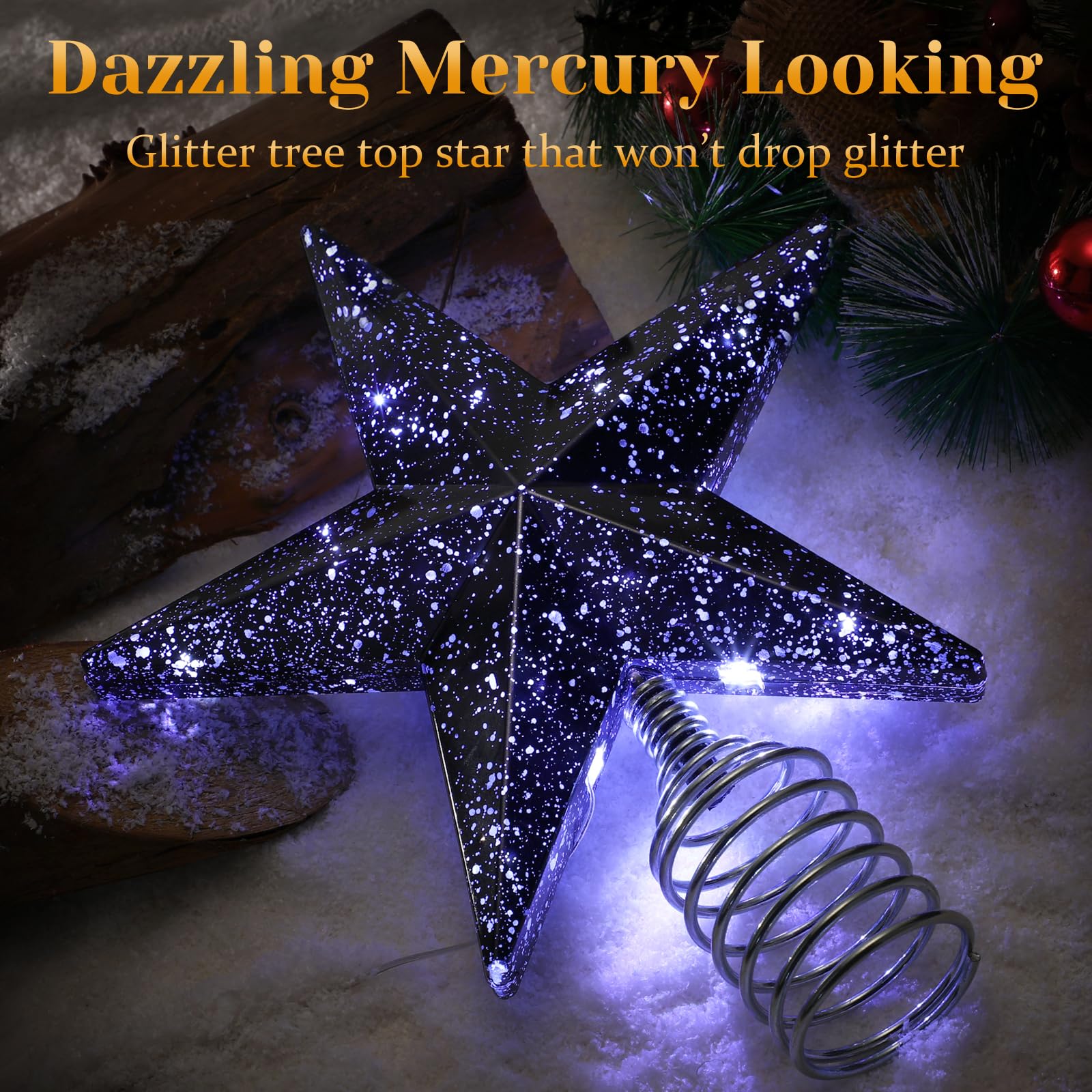Black Christmas Tree Star Topper with Lights, 8.5-Inch Light-Up Christmas Tree Topper with Remote Control, 4 Brightness Levels &