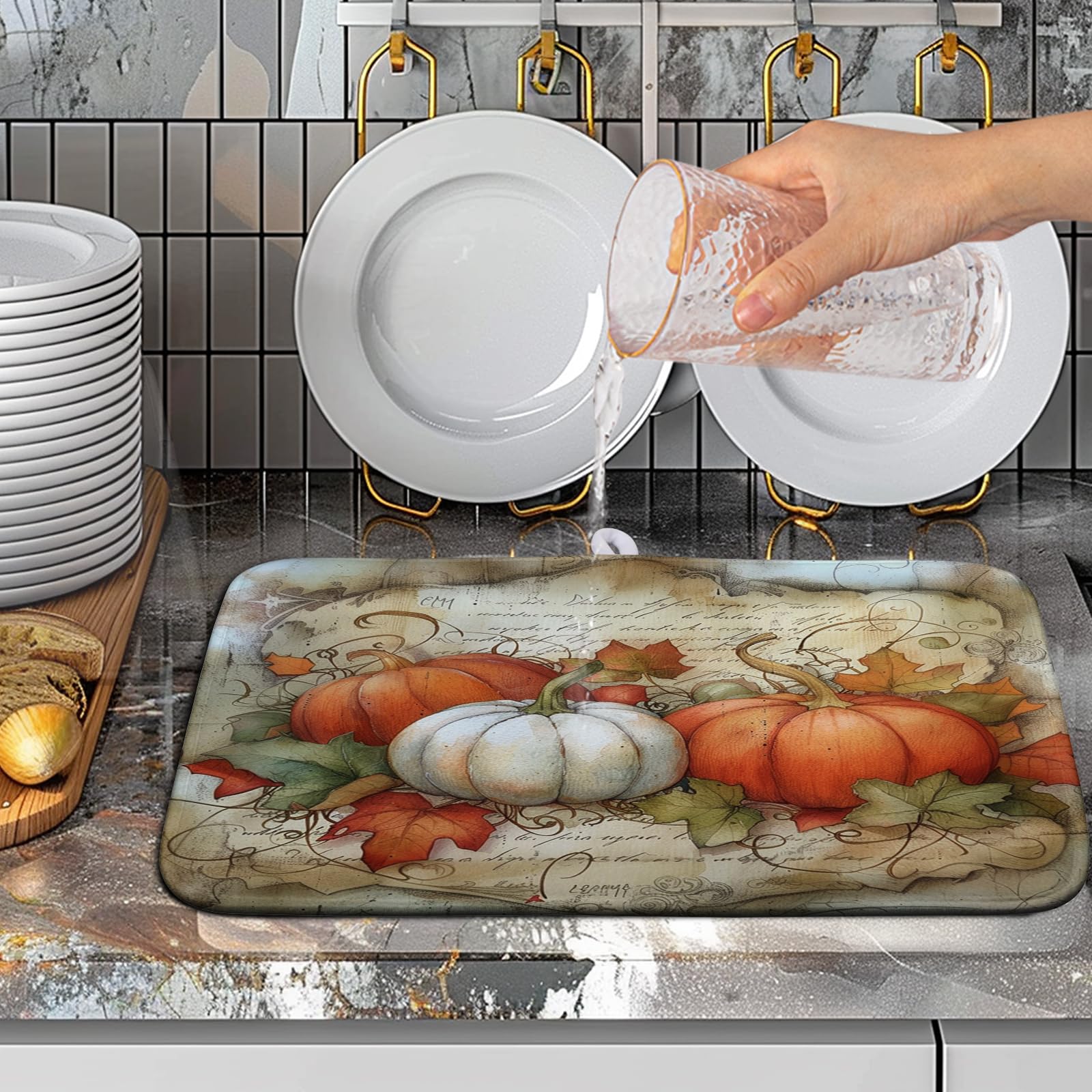 Wnoesat Fall Pumpkin Maple Leaf Dish Drying Mat for Kitchen Counter 16x18 Inch Vintage Autumn Leaves Thanksgiving Drying Mat Sea