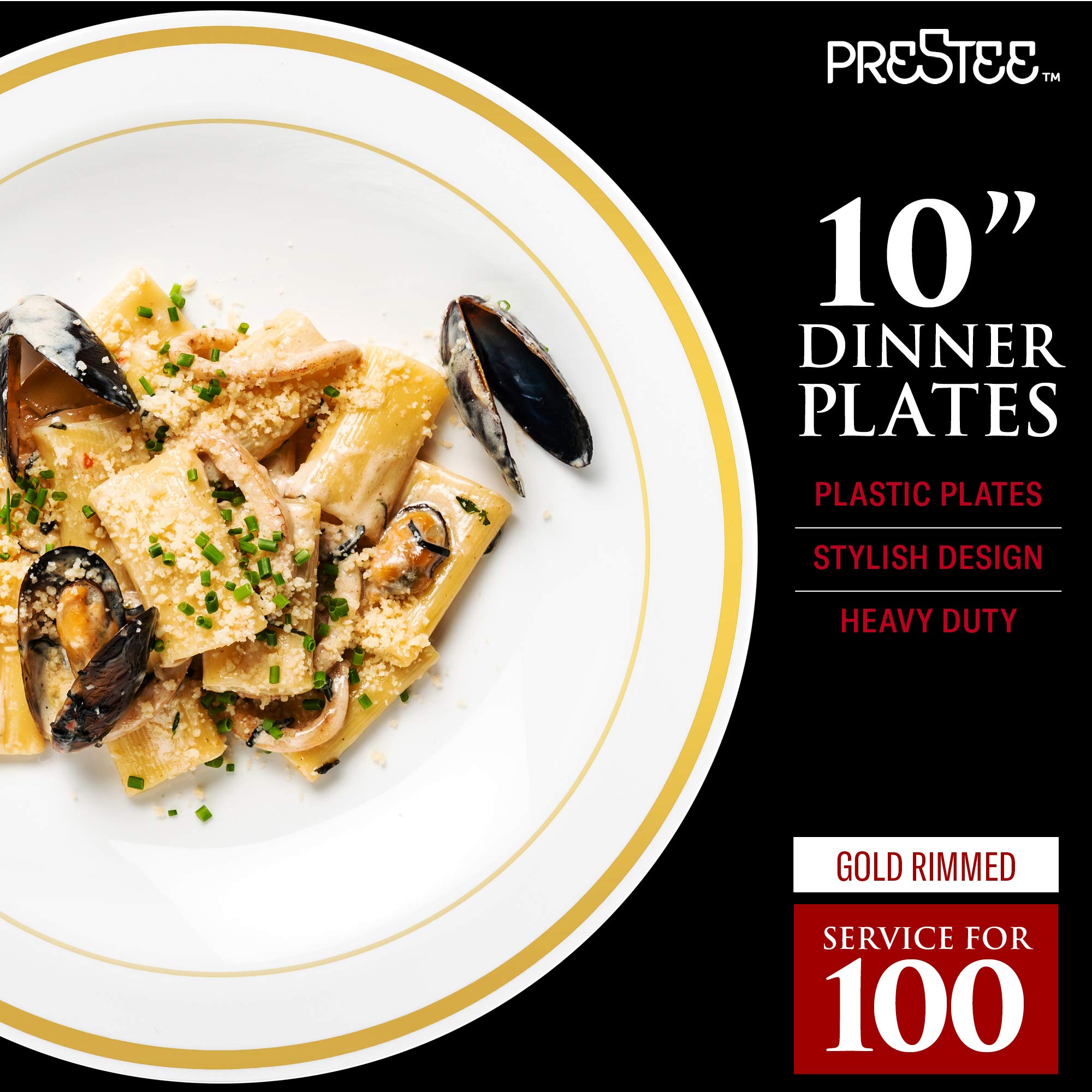 Prestee 200Pc Gold Plastic Plates - 100 Dinner Plates & 100 Salad Plates, White + Gold-Rimmed Party Plates Disposable Heavy Duty
