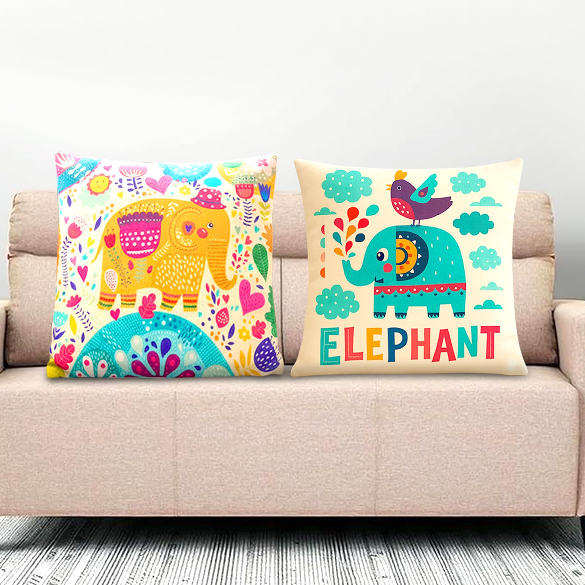 Glun 2 Piece Polycotton Cushion Covers, Multicolour Bohemian Elephant Print, 16 X 16 Inch Size Covers, Playful Cushion Covers Fo