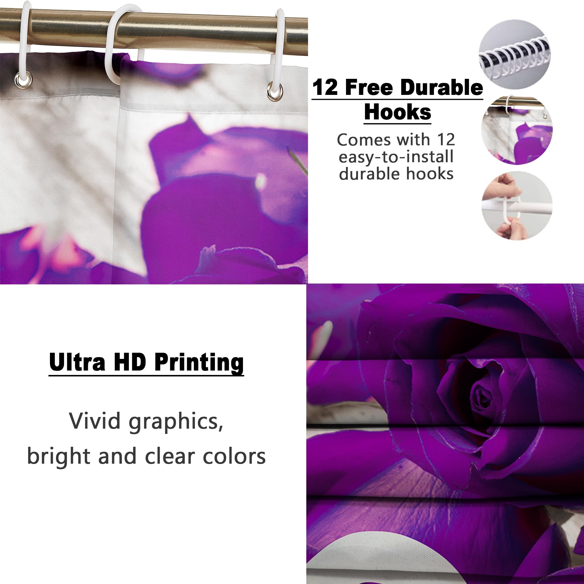 Poedist 4 Pcs Bathroom Shower Curtain Set, Purple Rose Shower Curtain Valentine'S Day Shower Curtain Sets With Rugs(Bath Mat,U S