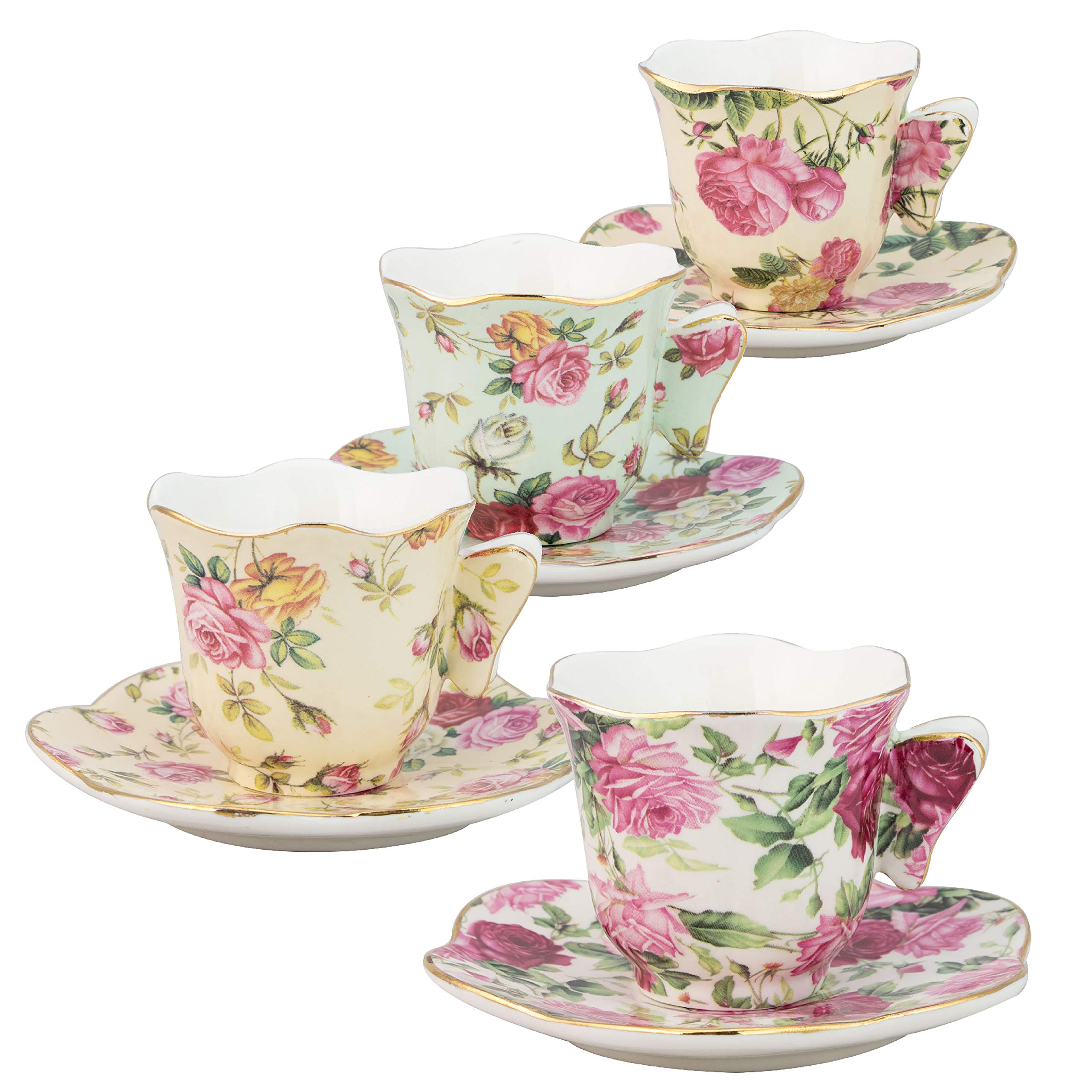 Gracie China Rose Chintz 2-Ounce Porcelain Espresso Cup And Saucer With Butterfly Handles, Set Of 4