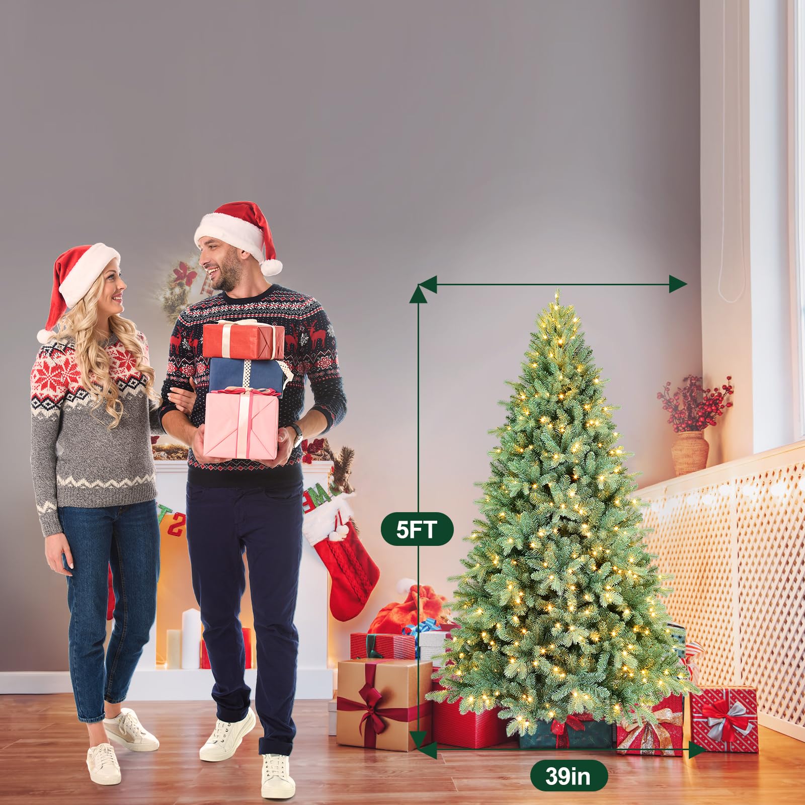 Bulexwish 5ft Prelit Artificial Christmas Tree, Blue Spruce Xmas Tree with Lights & Easy Setup Hinged Design, Realistic PE/PVC N