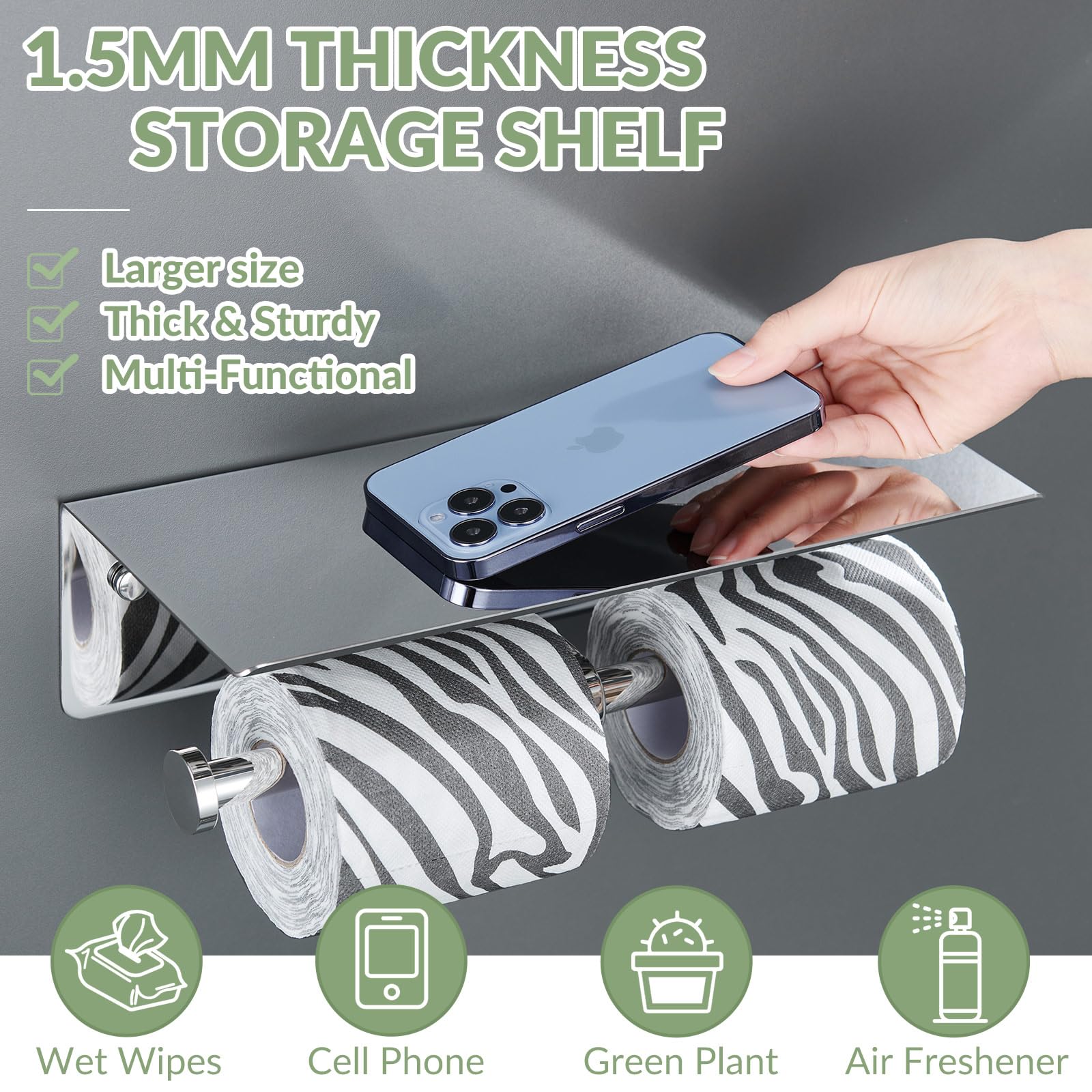 Double Toilet Paper Holder With Shelf Polished Chrome, Aplusee Sus304 Stainless Steel Contemporary Bathroom Tissue Roll Holder C