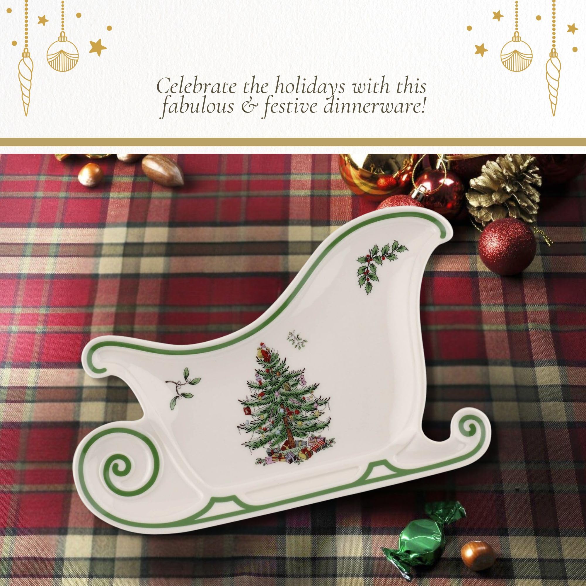 Spode Christmas Tree Embossed Sleigh Plate, 13.5 Festive Serving Dish for Christmas Tableware - Fine Porcelain Decorative Holida