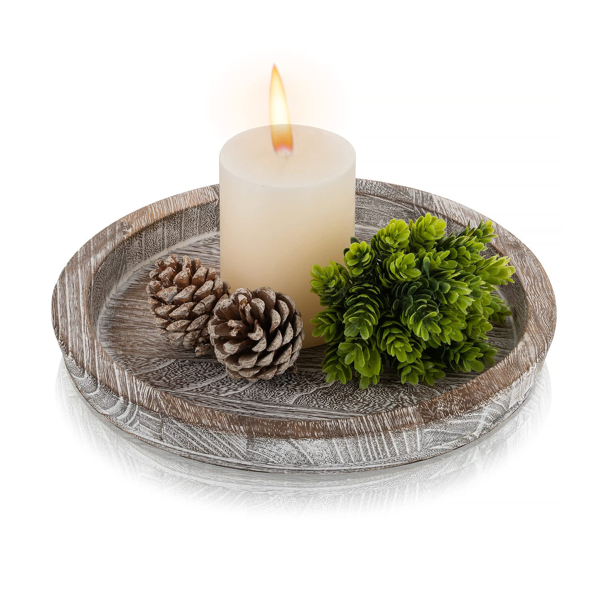 Hanobe Whitewash Wooden Round Serving Tray - Farmhouse Decor For Coffee Table, Kitchen Counter