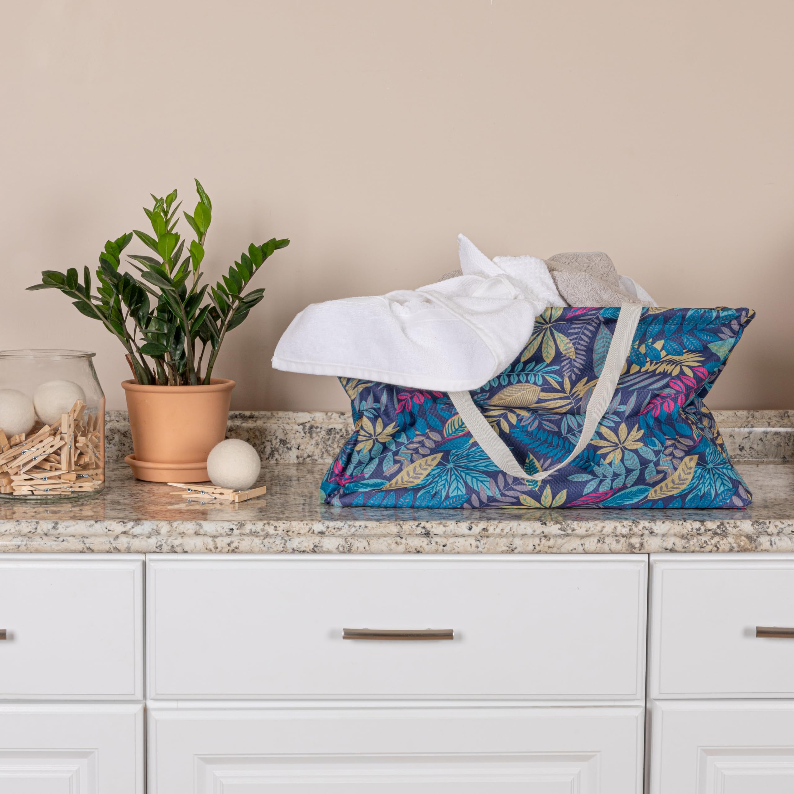 Household Essentials Krush Canvas Utility Tote| Reusable Beach Bag | Blue Palm Leaf