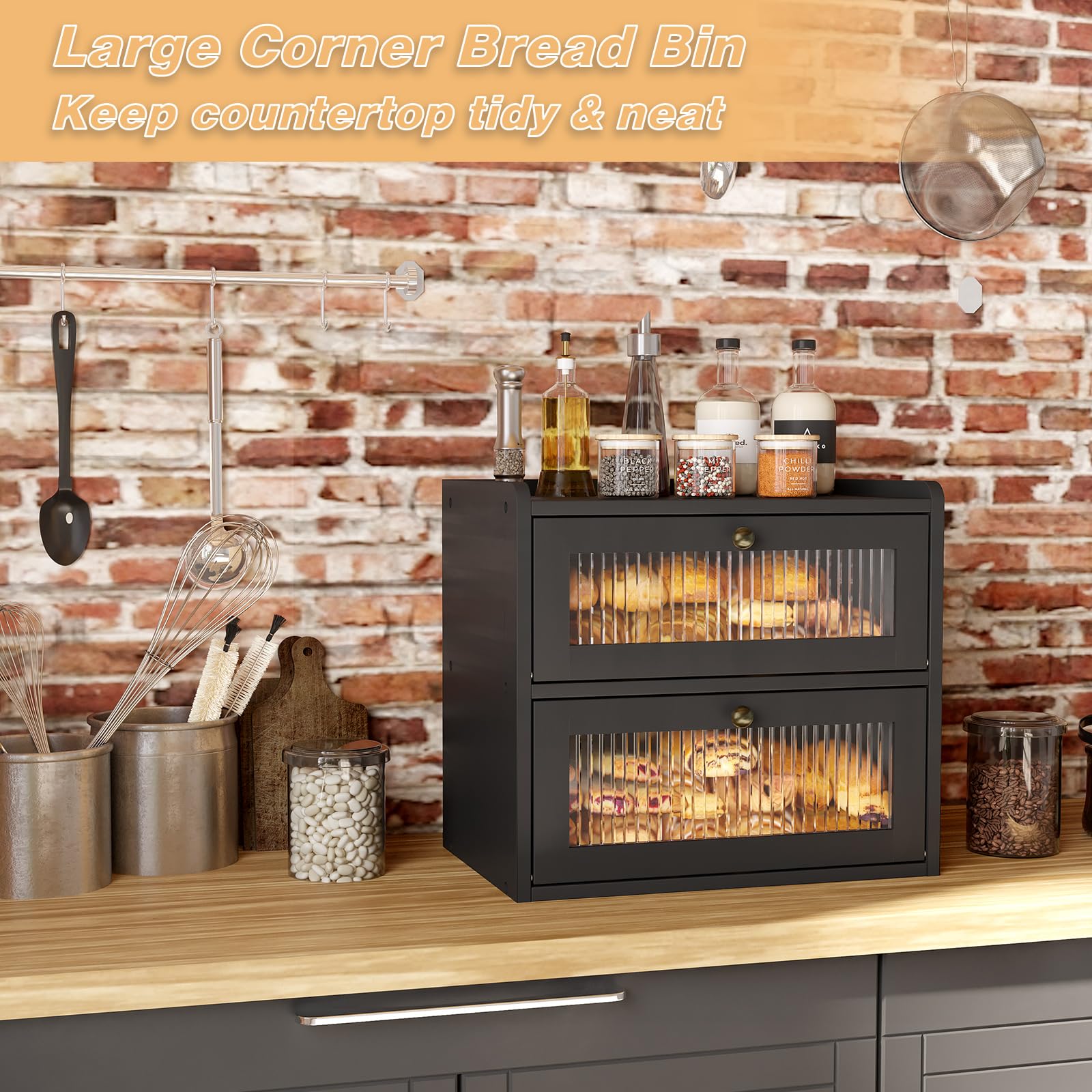 Alpeir Double Layer Large Bread Box For Kitchen Counter, Wooden Corner Bread Storage Container With Acrylic Window, Black