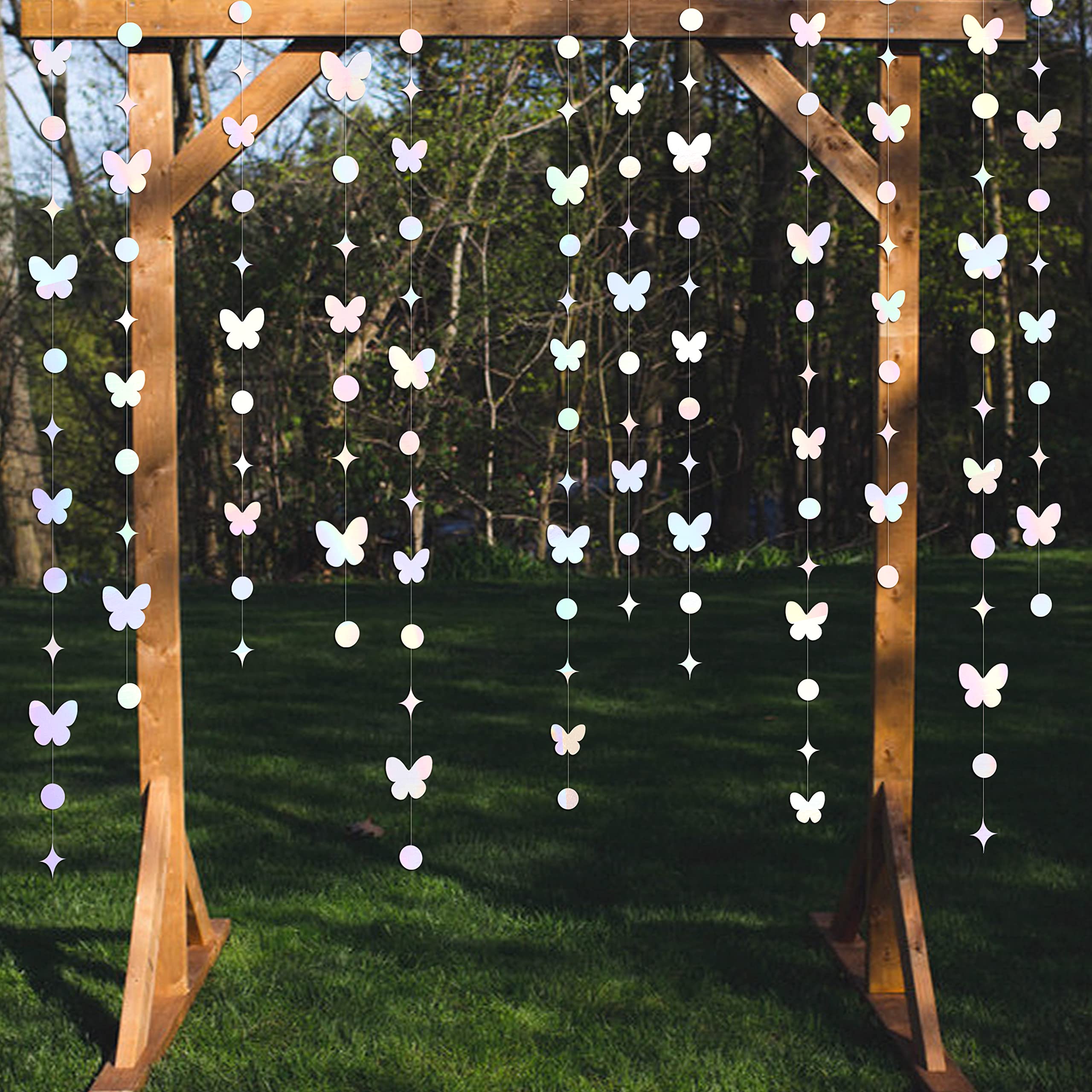40Ft White Iridescent Butterfly Garlands White Holographic Paper Hanging Polka Dots Star Butterflies Streamer Banner for Spring Engagement Wedding Birthday Bridal Shower Bachelorette Party Decorations