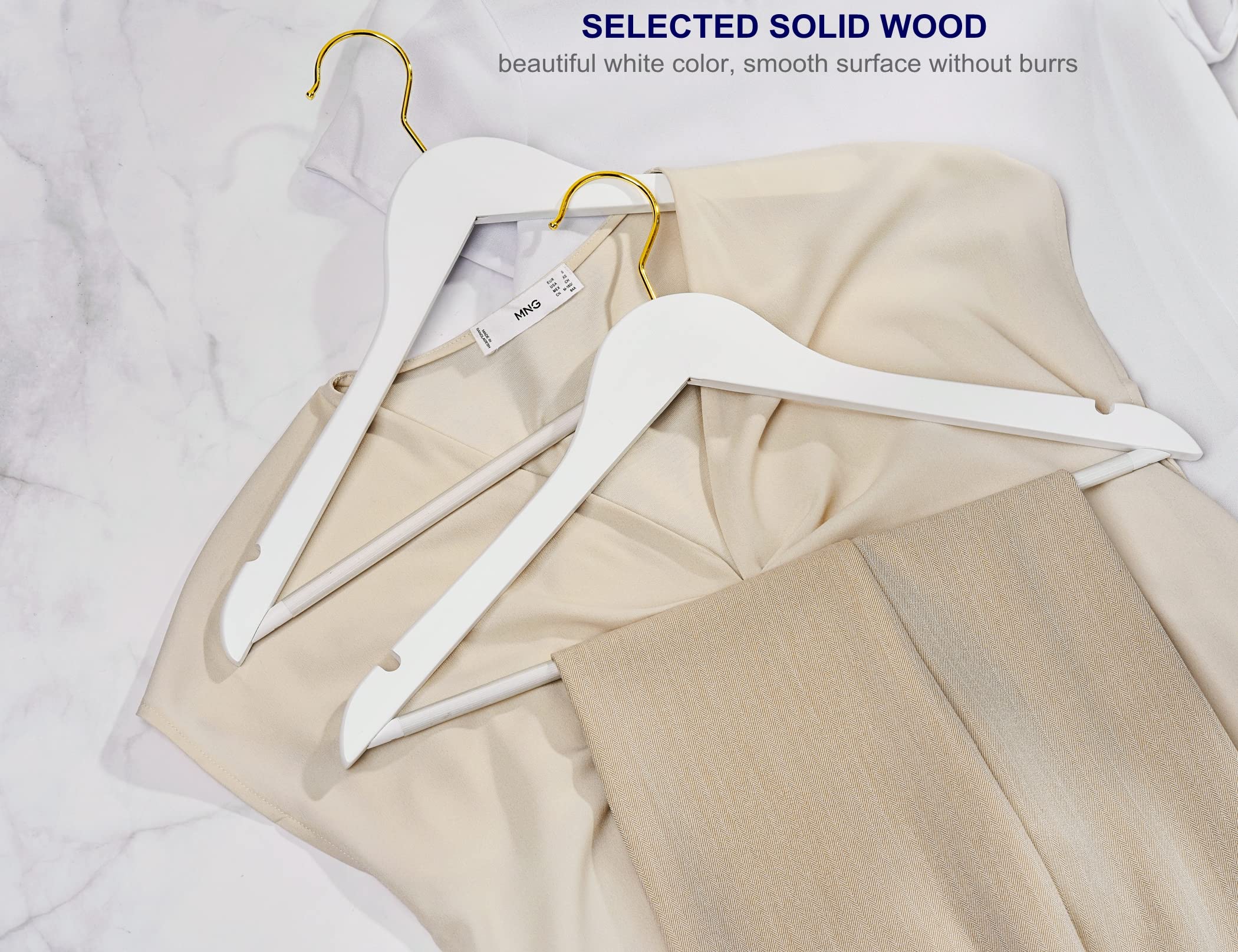 Amber Home Solid Wood Suit Coat Hangers 20 Pack  Smooth White Finish Wooden Dress Hangers with Non Slip Pant Bar  Clothes Hangers with Gold Hook & Notches for Jacket  Pant  Shirt (White+Gold  20)