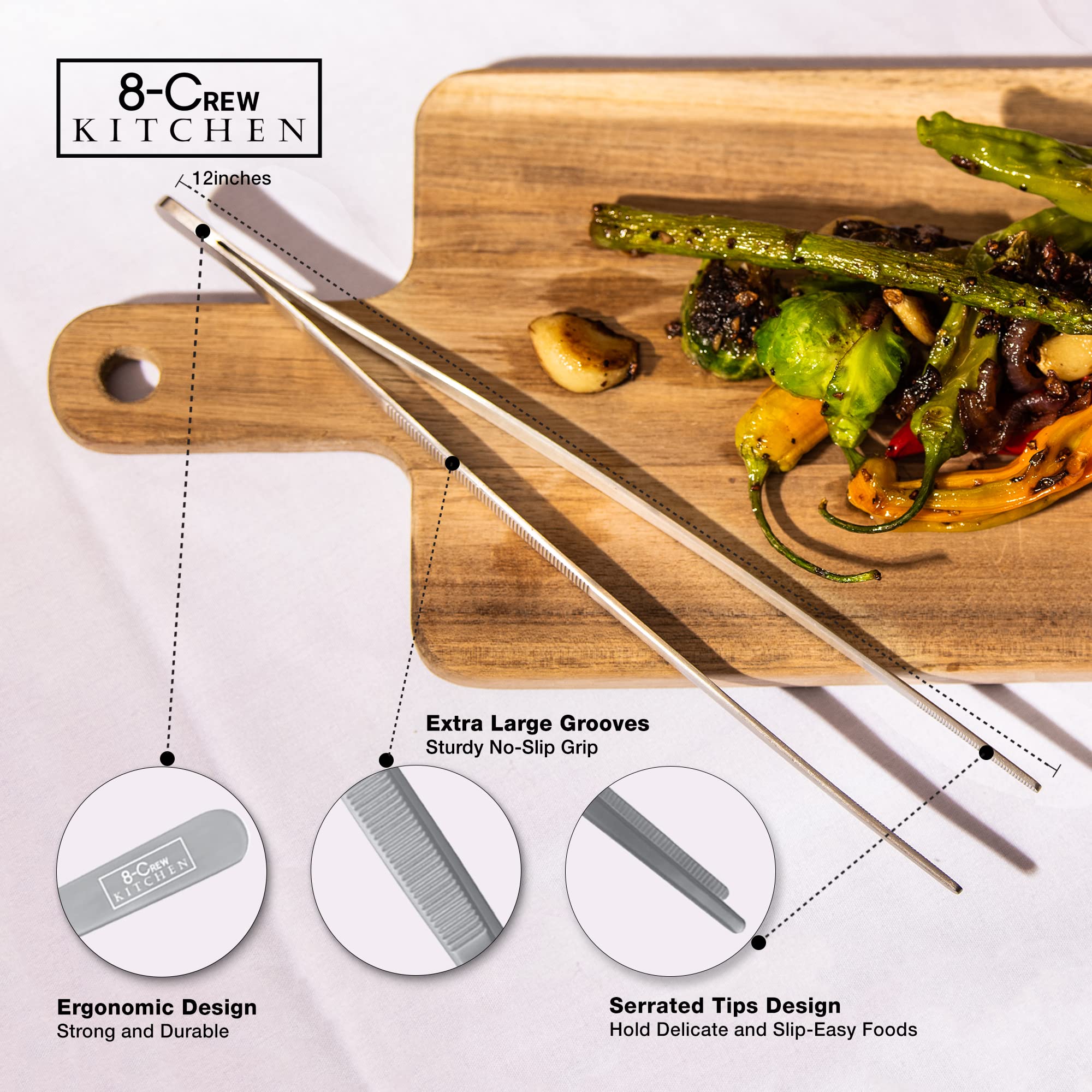 8-Crew Kitchen Cooking Tweezers - 12 Inch 304 Stainless Steel Set Of 2 - Culinary Chef Tweezers For Multi-Purpose, Plating, Food