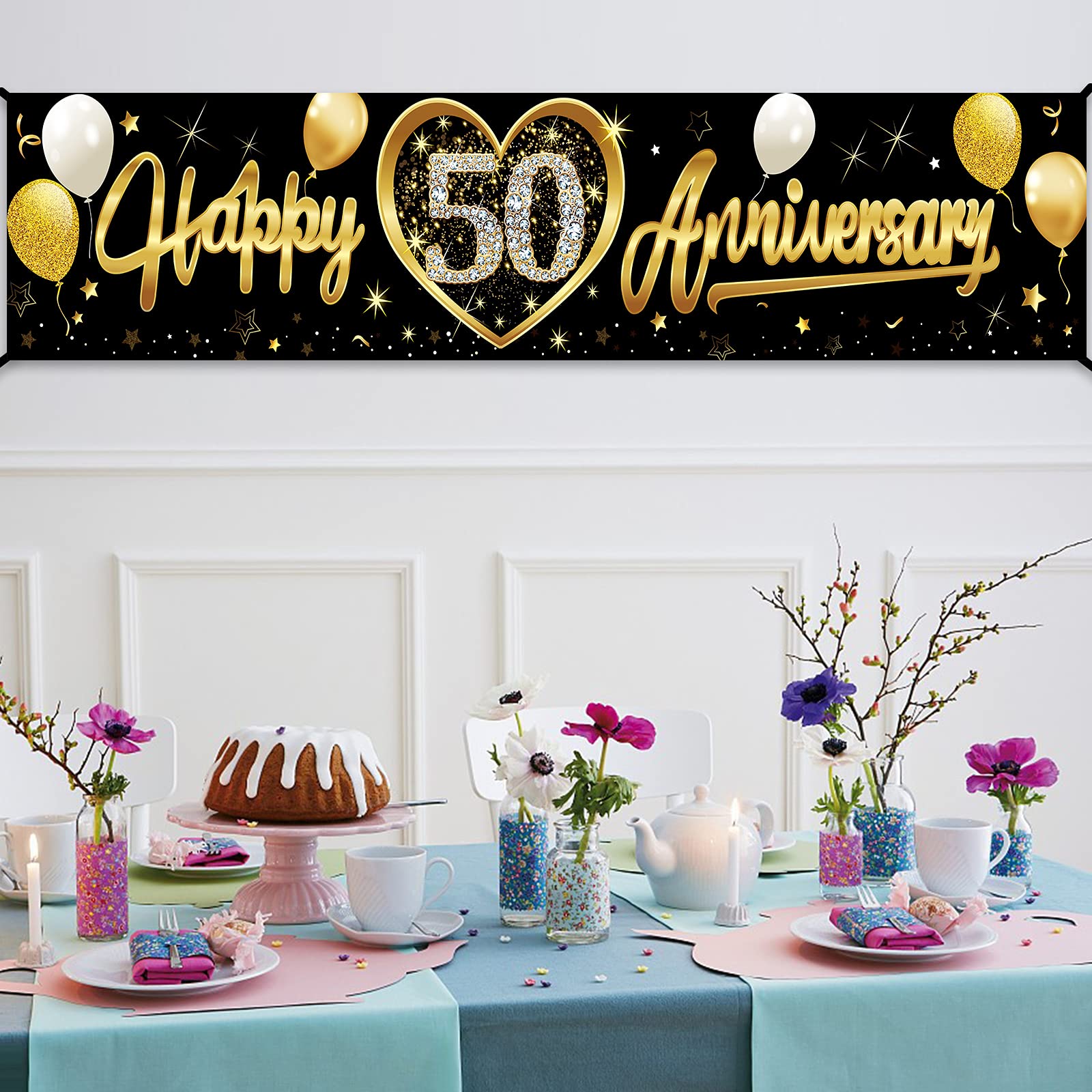Happy 50Th Wedding Anniversary Banner Decorations, Black Gold 50Th Anniversary Sign Party Supplies, 50Th Wedding Anniversary Ban