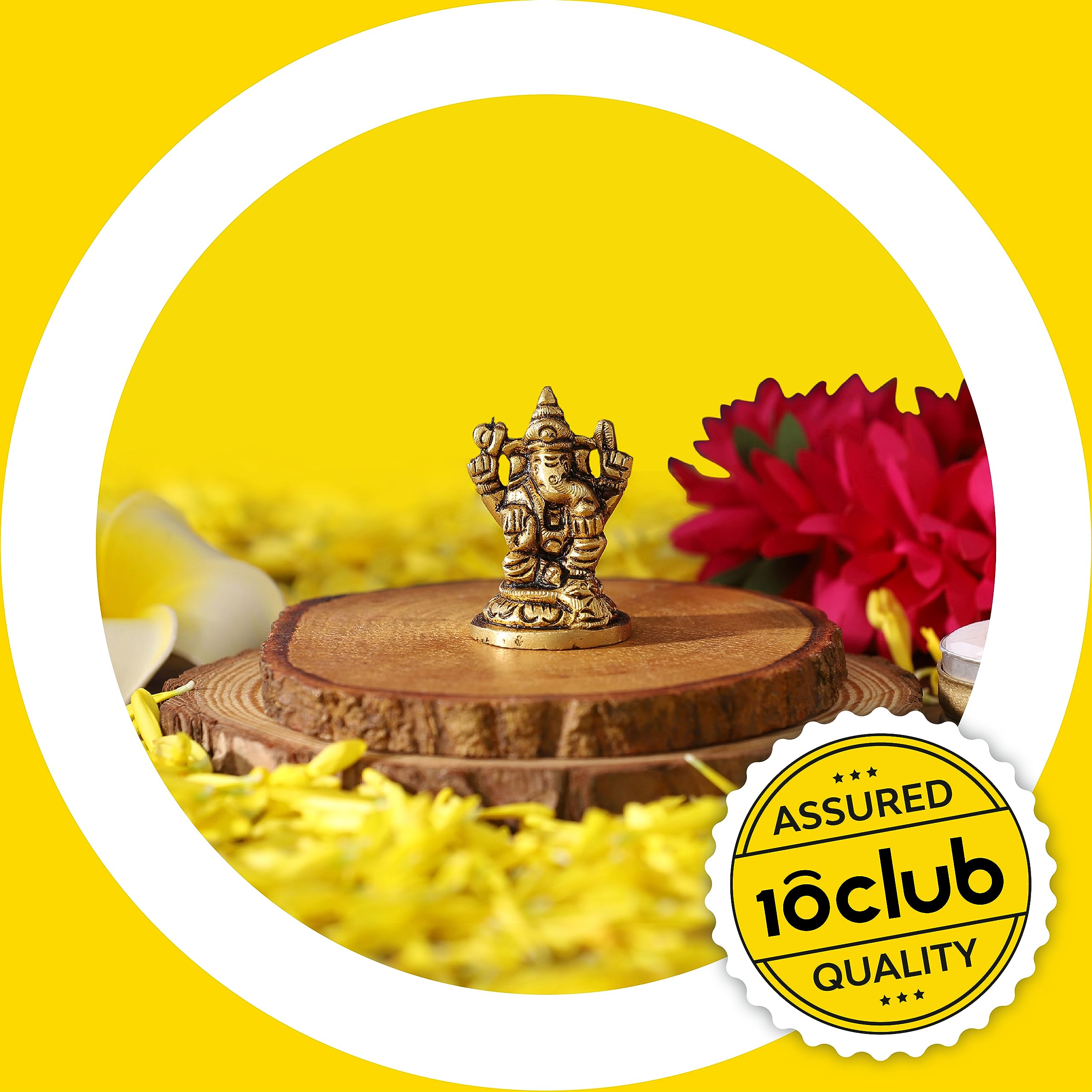 10Club Lord Ganesha Idol - 1Pc - 100% Pure Brass | Ganesh Unique Design with a Round Base for Desk, Car, and Home Dcor | Yellow