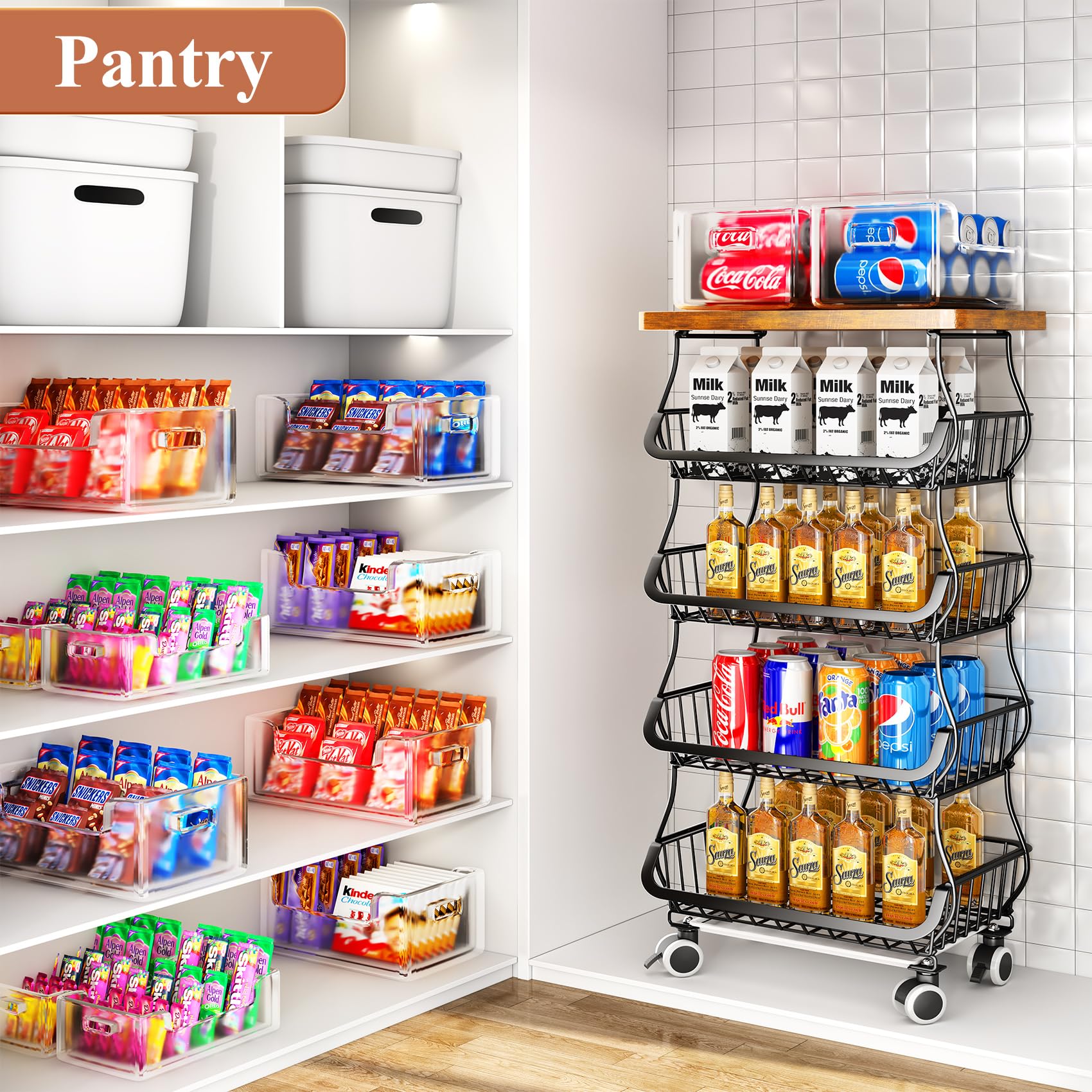 Fruit Basket Kitchen Pantry Organizers And Storage - Wooden Top Table, Stackable Metal Wire Basket Stand Cart For Fruit Vegetabl
