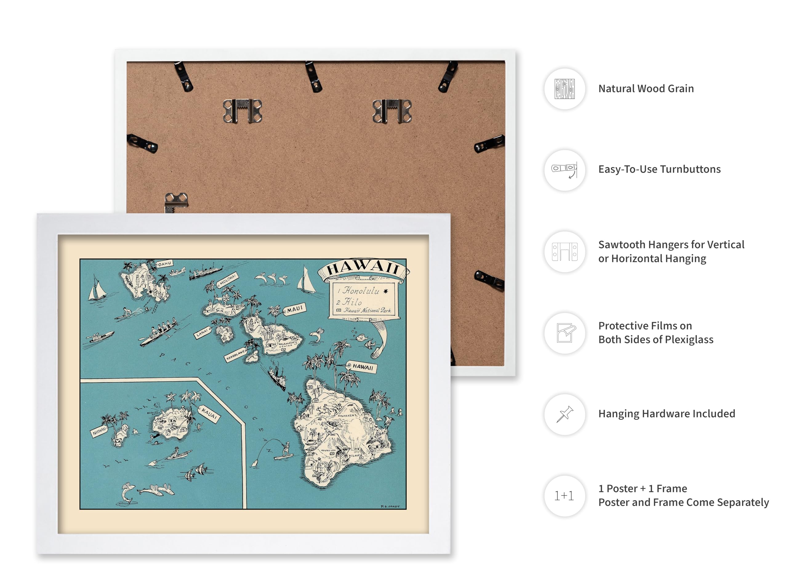 Poster Master Hawaii Travel Poster - Aqua Turquoise 1930S Vinateg Map Print - Unique Wall Decor Gift For Home, Living Room, Kitc
