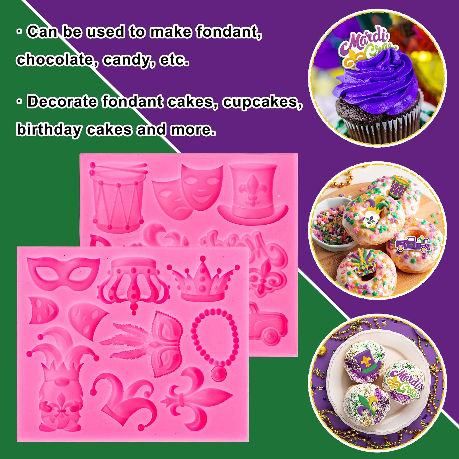 Whaline 2Pcs Mardi Gras Fondant Molds Masquerade Mask Fleur-De-Lis Crown Feather Mask Pattern 3D Silicone Mould Carnival Cupcake