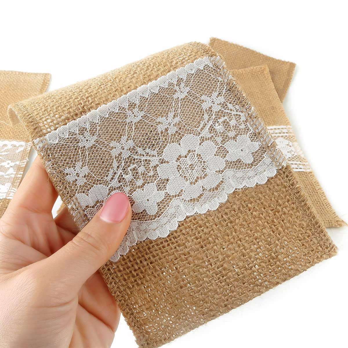 Fqtanju 50 Pcs 4''X8'' Burlap Lace Utensil Cutlery Holders Pouch Silverware Holder Knifes Forks Bags Burlap Napkin Bag For Rusti