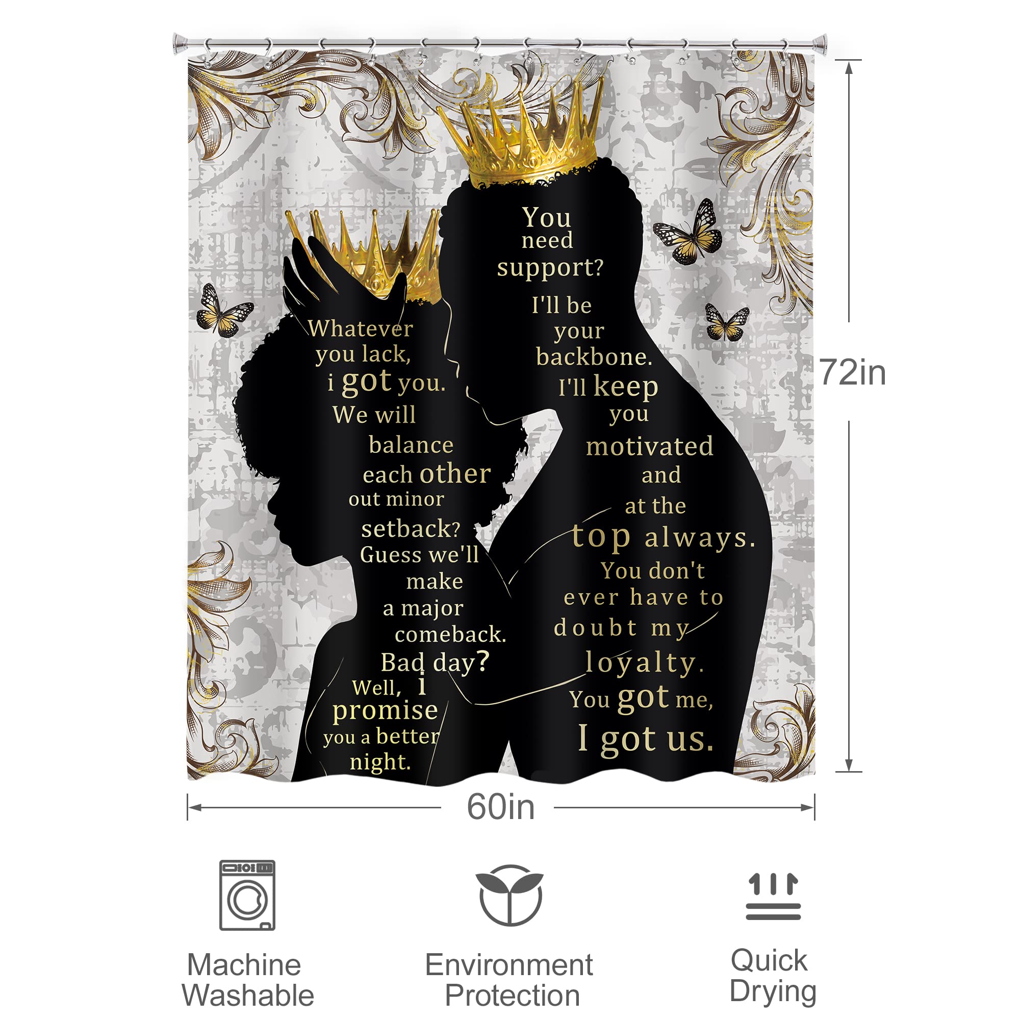 Omifly African American Women Men Shower Curtain 60Wx72H Inch Afro Black Queen King Luxury Gold Crown Inspirational Quotes Butte