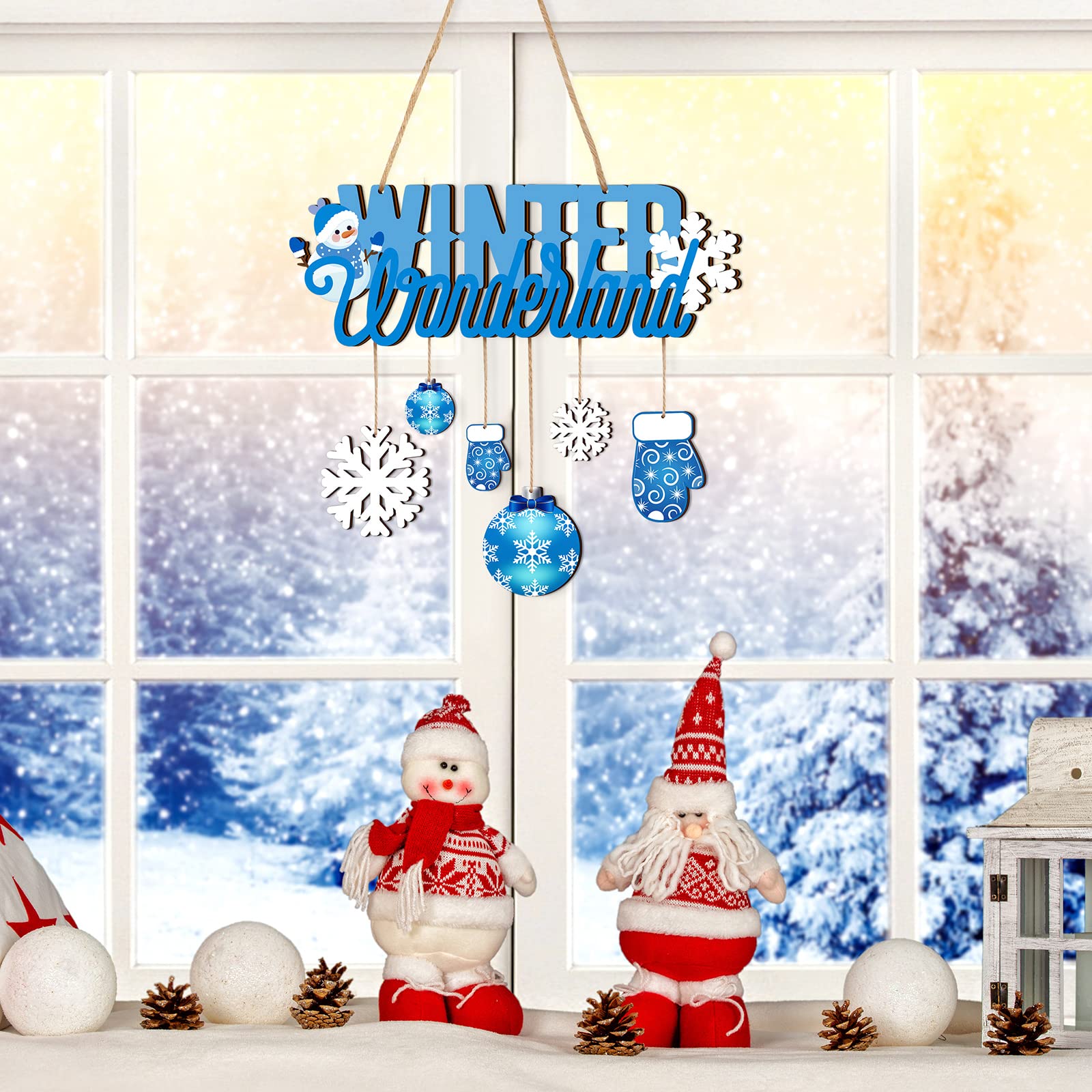 Namalu Winter Wonderland Ornaments Wooden Blue and White Christmas Decorations Door Sign Snowflake Glove Ornaments for Xmas Wint