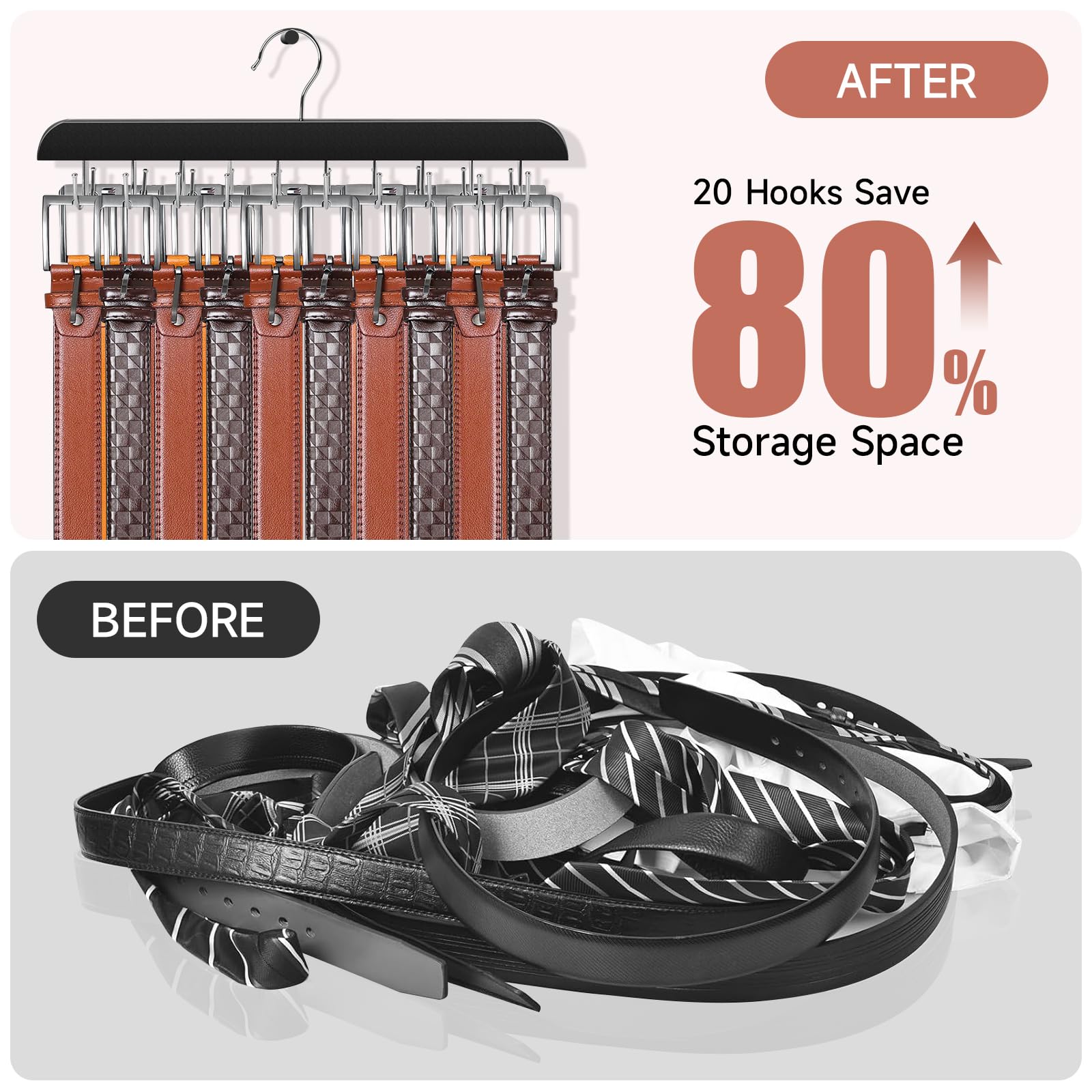 Belt Hanger For Closet, Holds Max 60 Belts, Wooden 20 Hooks Belt Organizer Wardrobe Accessory, 360 Rotatable Belt Storage Hanger