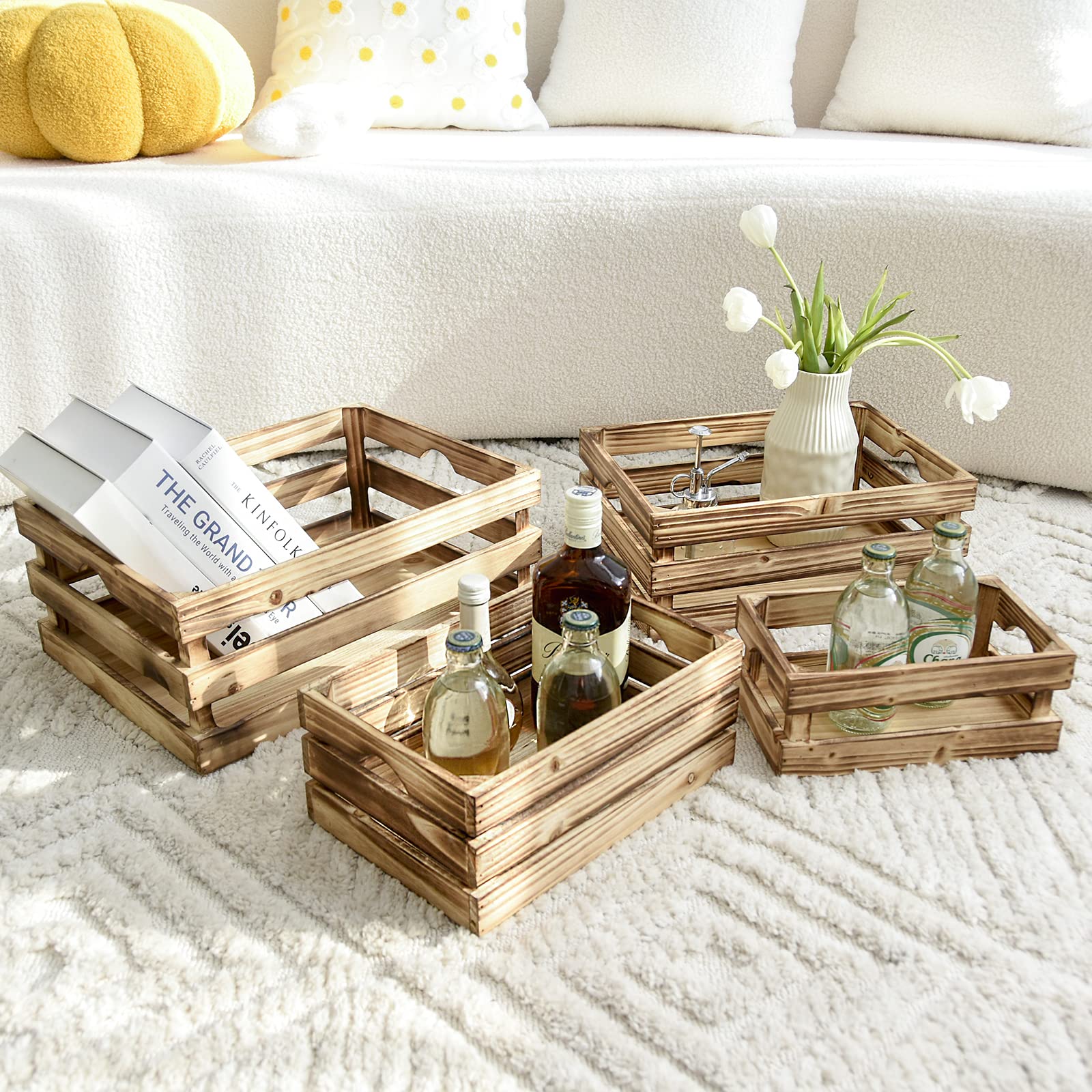 MACVAD Set of 4 Large Torched Wood Decorative Storage Crates, Nesting Wooden Crates for Display Rustic, Farmhouse Wooden Storage