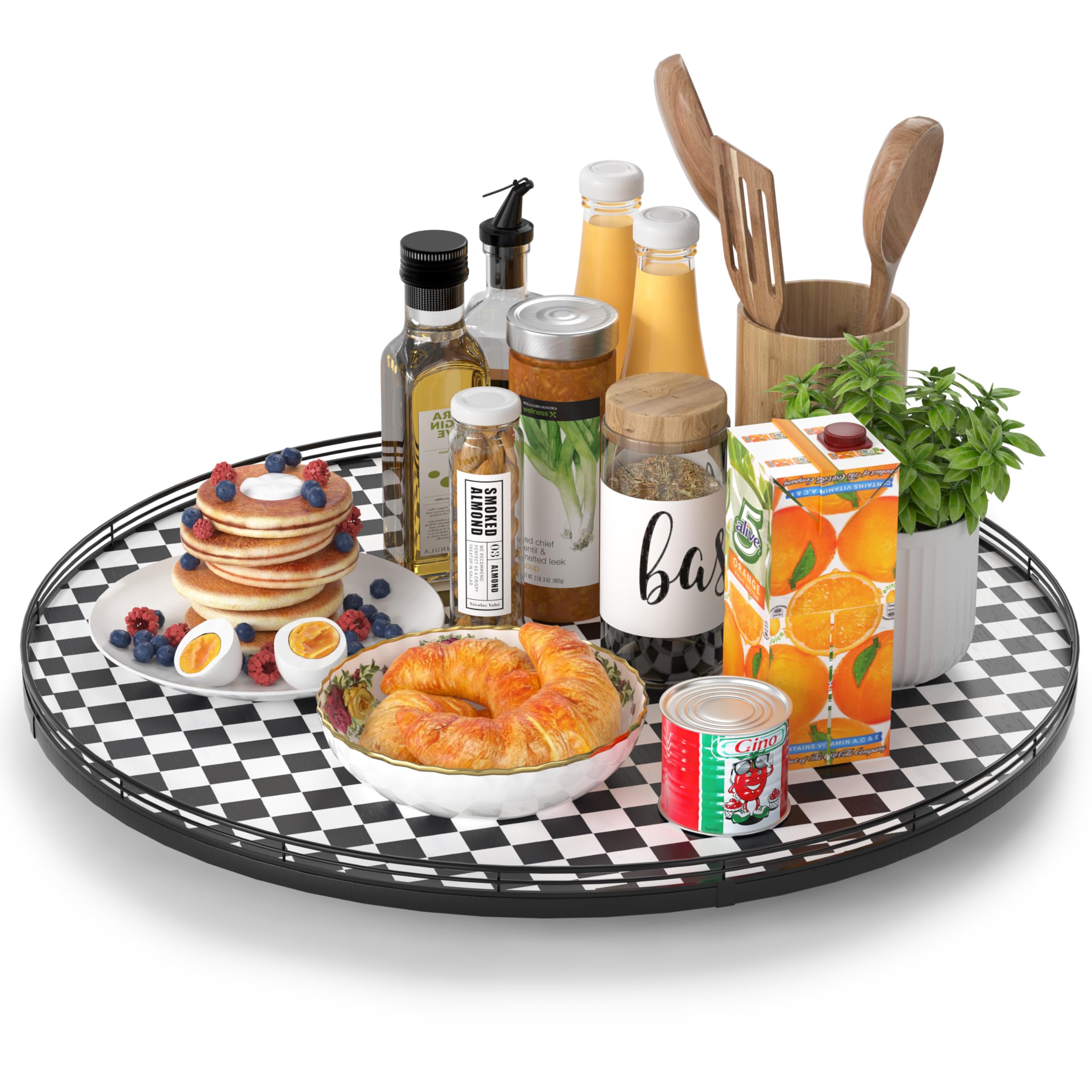 24 Black and White Kitchen Lazy Susan Turntable, Round Checkered Decorative Tray, Large Lazy Susan for Dining Table Centerpiece,