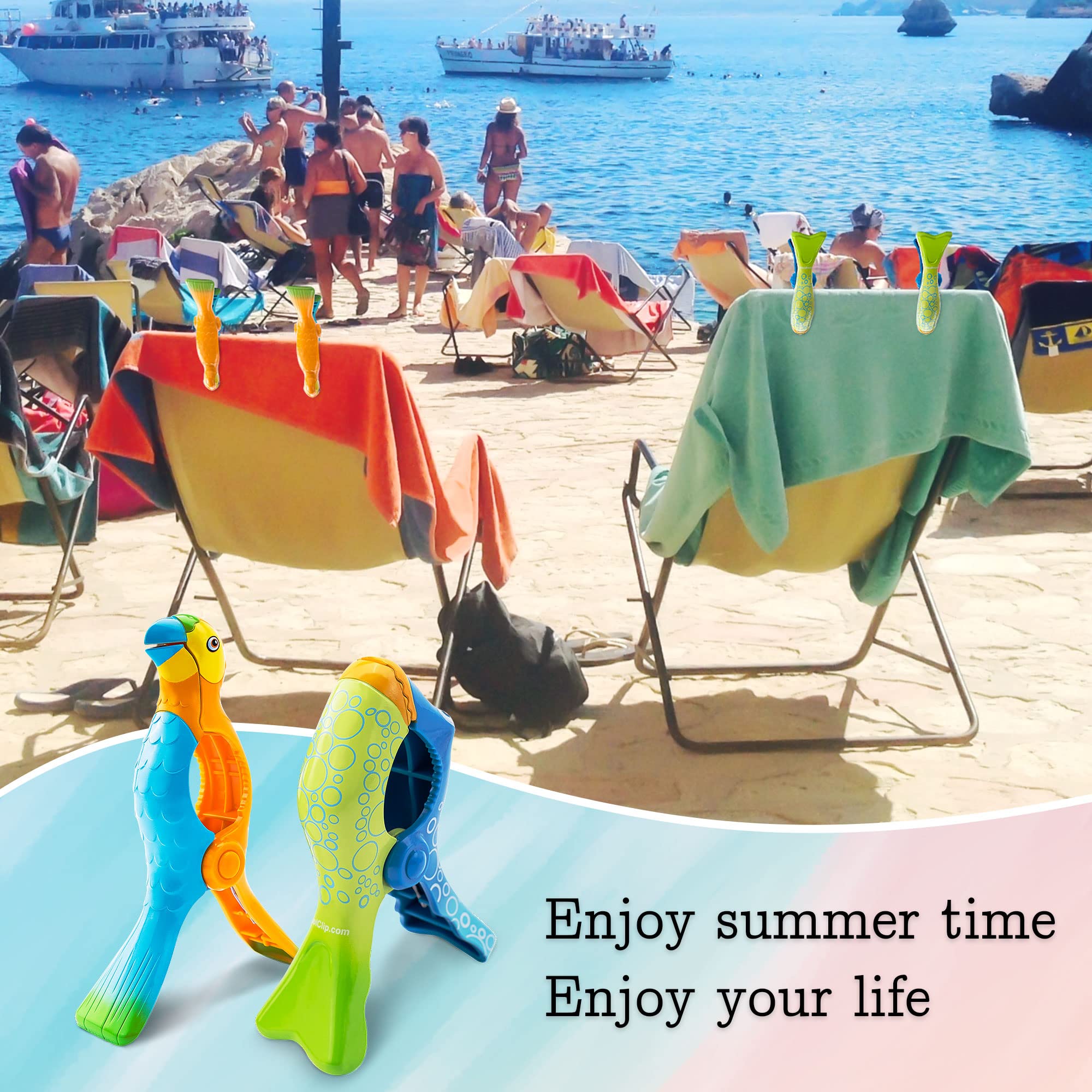 4 Pack Parrot Fish Beach Towel Clips Plus 2 Pack Beach Towel Bands, Towel Holder For Beach Chairs Jumbo Size Windproof Clothespi