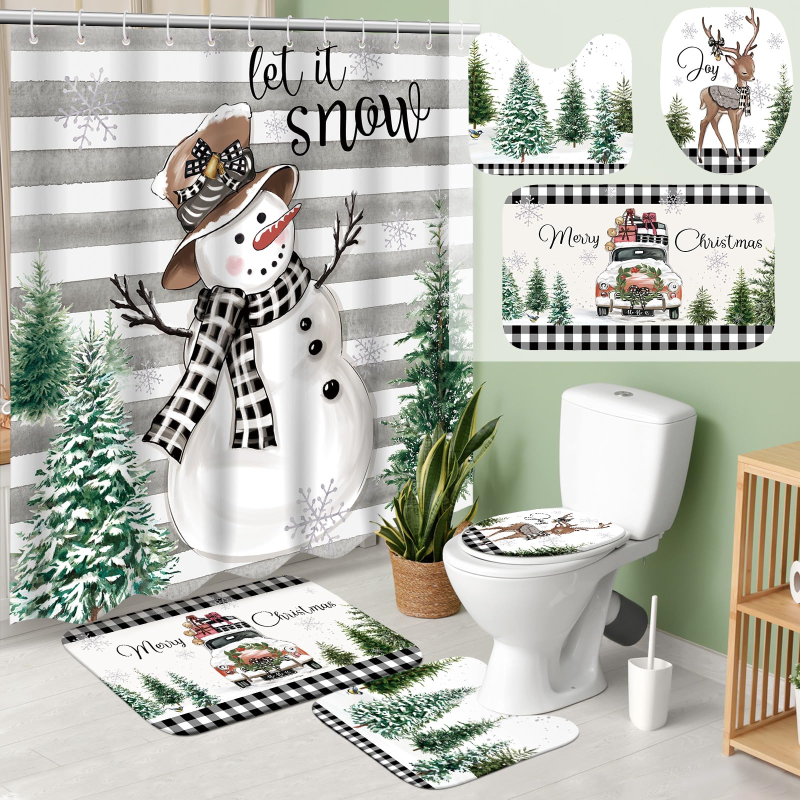 Teenyyou 4 Pcs Christmas Shower Curtains Set with Non Slip Rug Winter Christmas Bathroom Decor Toilet Lid Cover and Bath Mat Sno