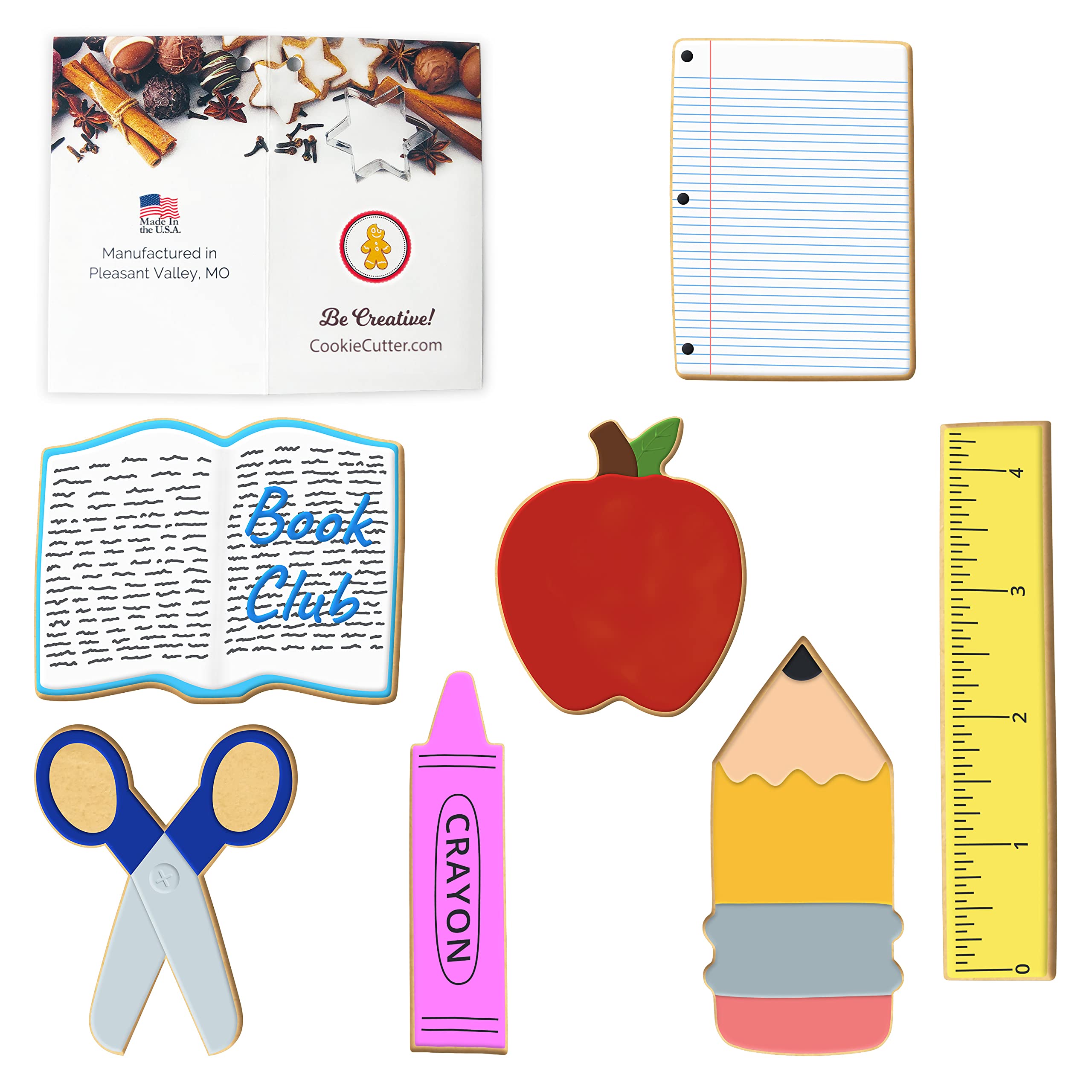 Foose Brand Back To School Teacher Appreciation Cookie Cutter 7 Pc Set -School Book, Ruler, Crayon, Scissors, Rectangle, Apple,