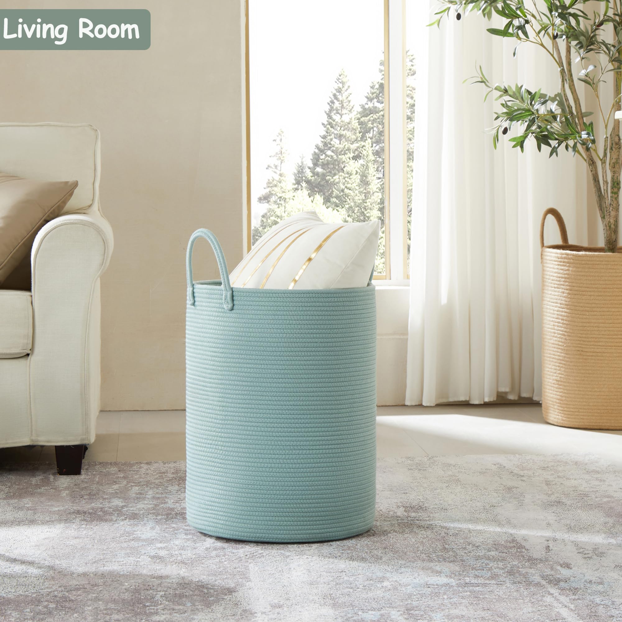 Mojoscend Cotton Rope Laundry Hamper Basket, 15Dx20H Inches Tall Woven Laundry Basket, Large Clothes Hamper For Bedroom