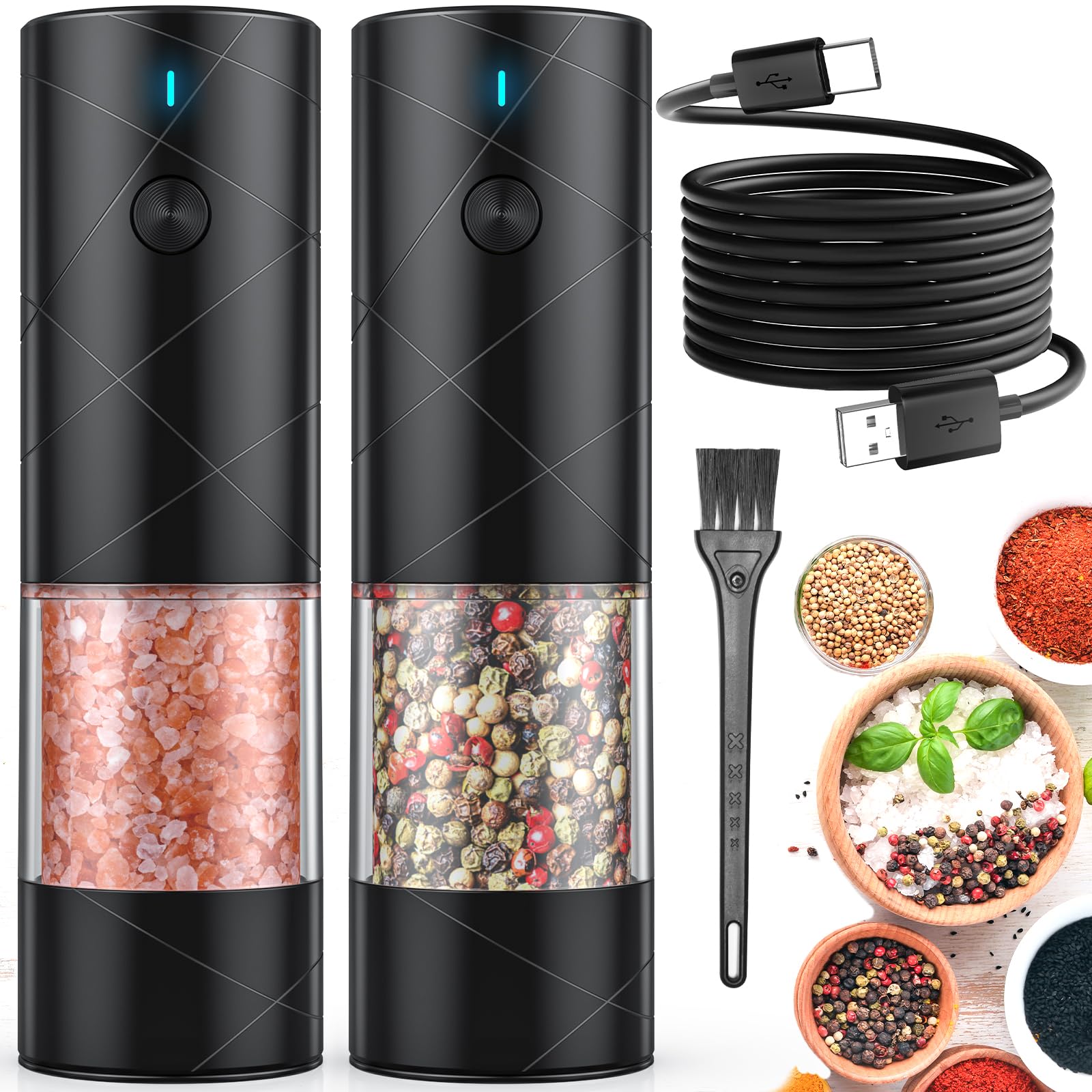 2Pack Electric Salt And Pepper Grinder Set Usb Rechargeable With Warm Led Light, Adjustable Coarseness Lidaop Large Capacity Aut