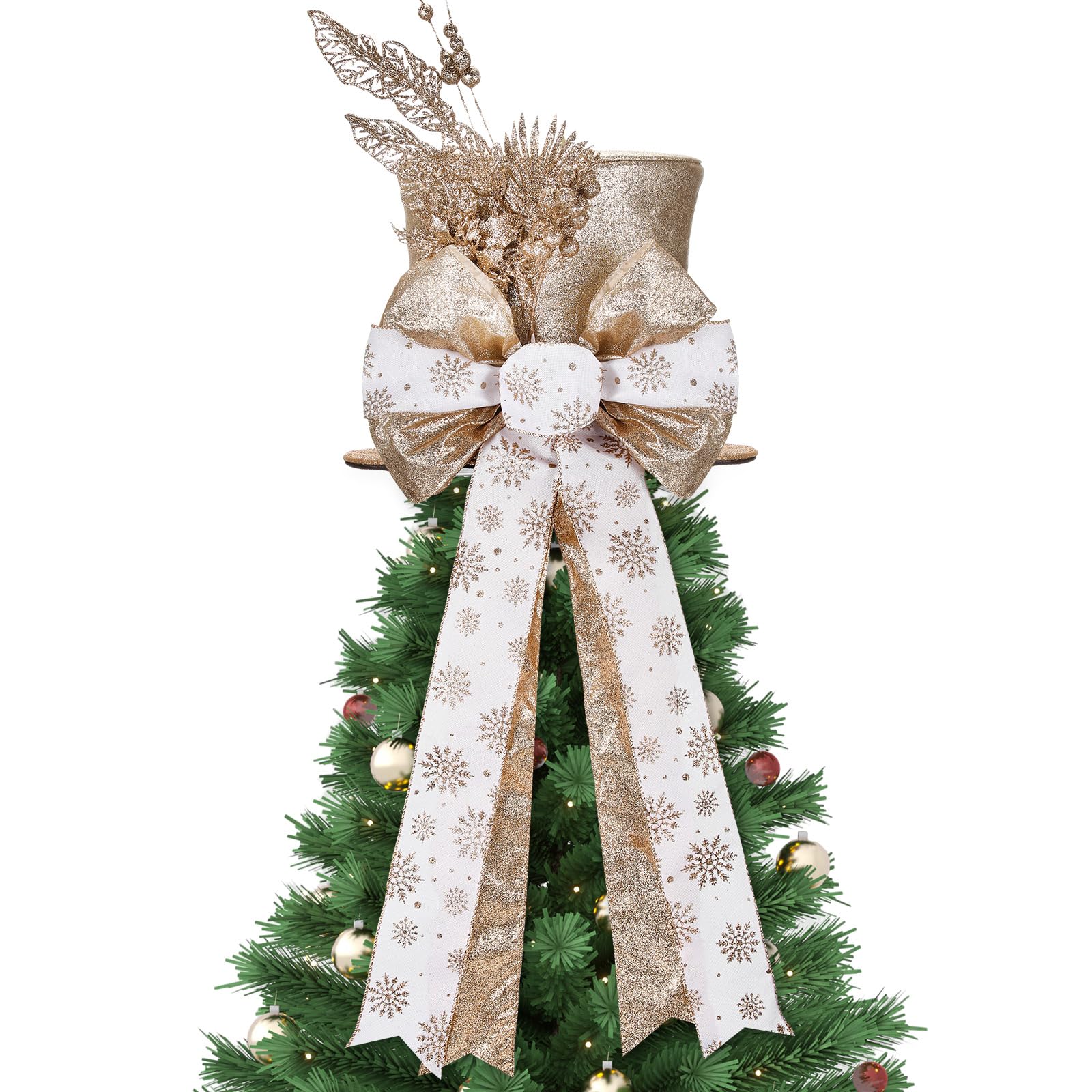 Poen Christmas Tree Topper Hat Shiny Sequins Top Hat with Bow Lengthened Ribbon Tree Topper Santa Christmas Decorations for Xmas