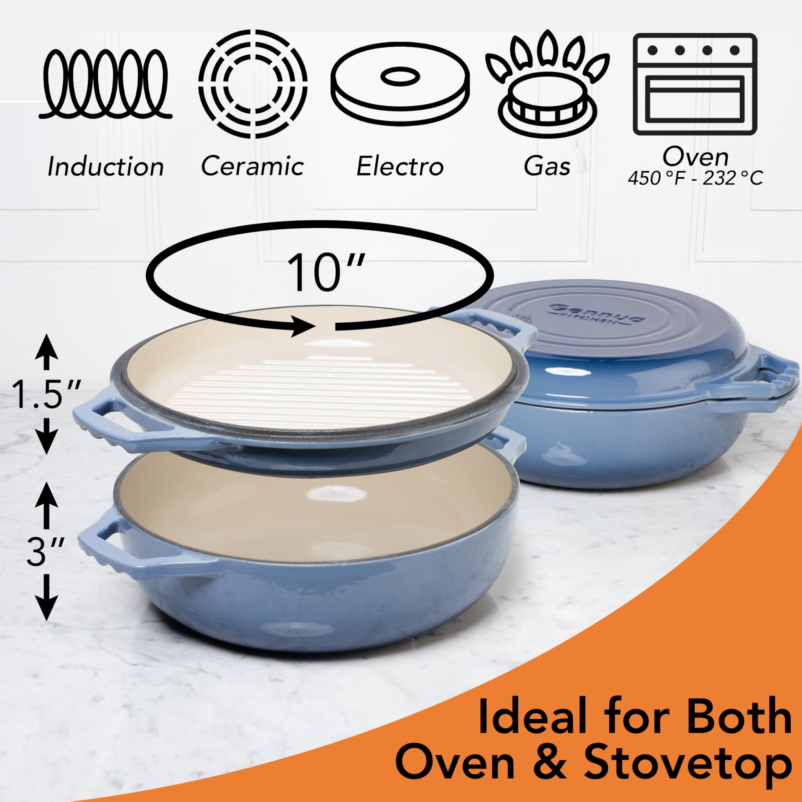 Gennua Kitchen 2-in-1 Enameled Cast Iron Braiser Pan, 3.3-Quart, Blue, Casserole & Stovetop Grill Cookware