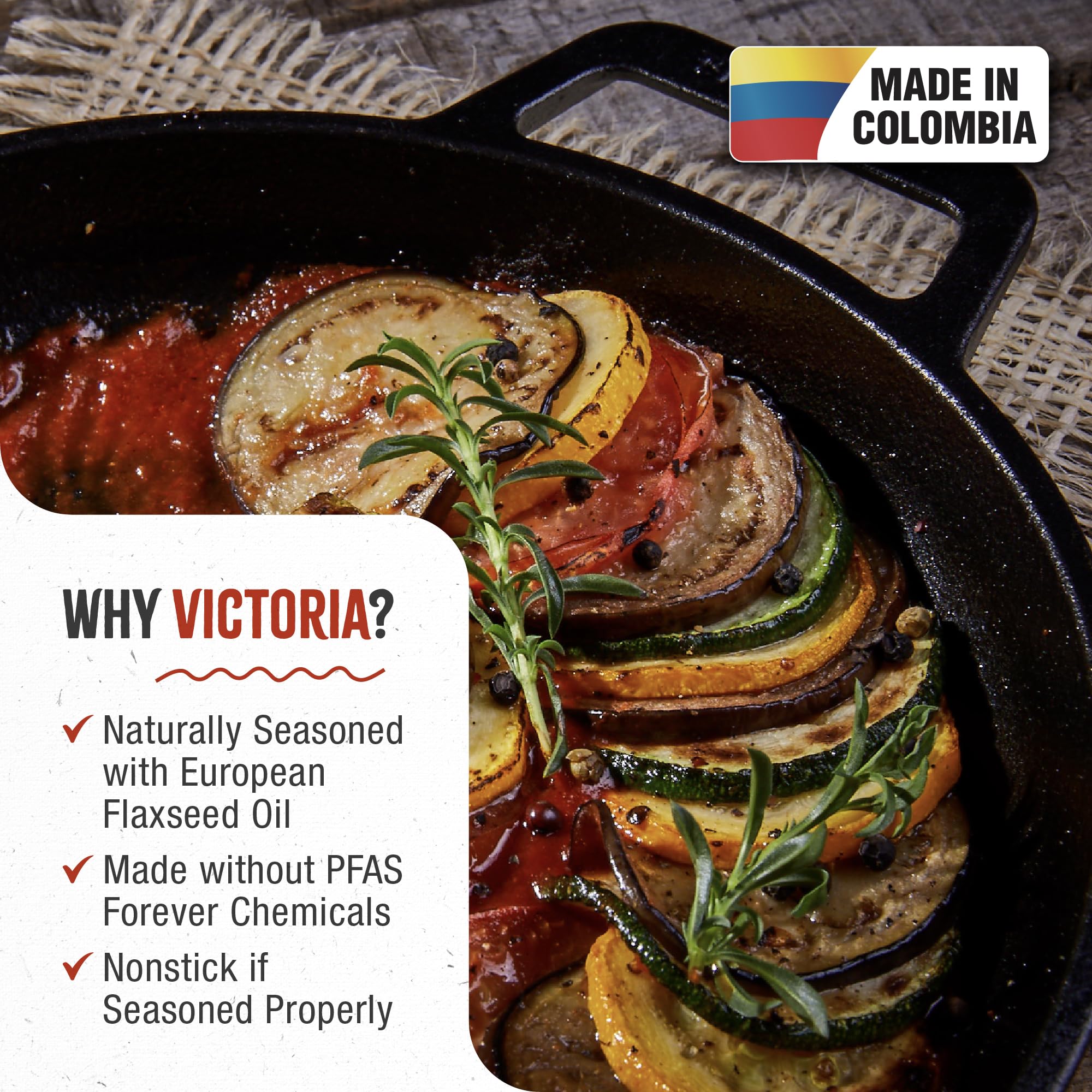 Victoria Cast Iron Round Skillet, 10 Inch, Black, Model SKL-310, Made in Colombia, Durable Double Loop Handles