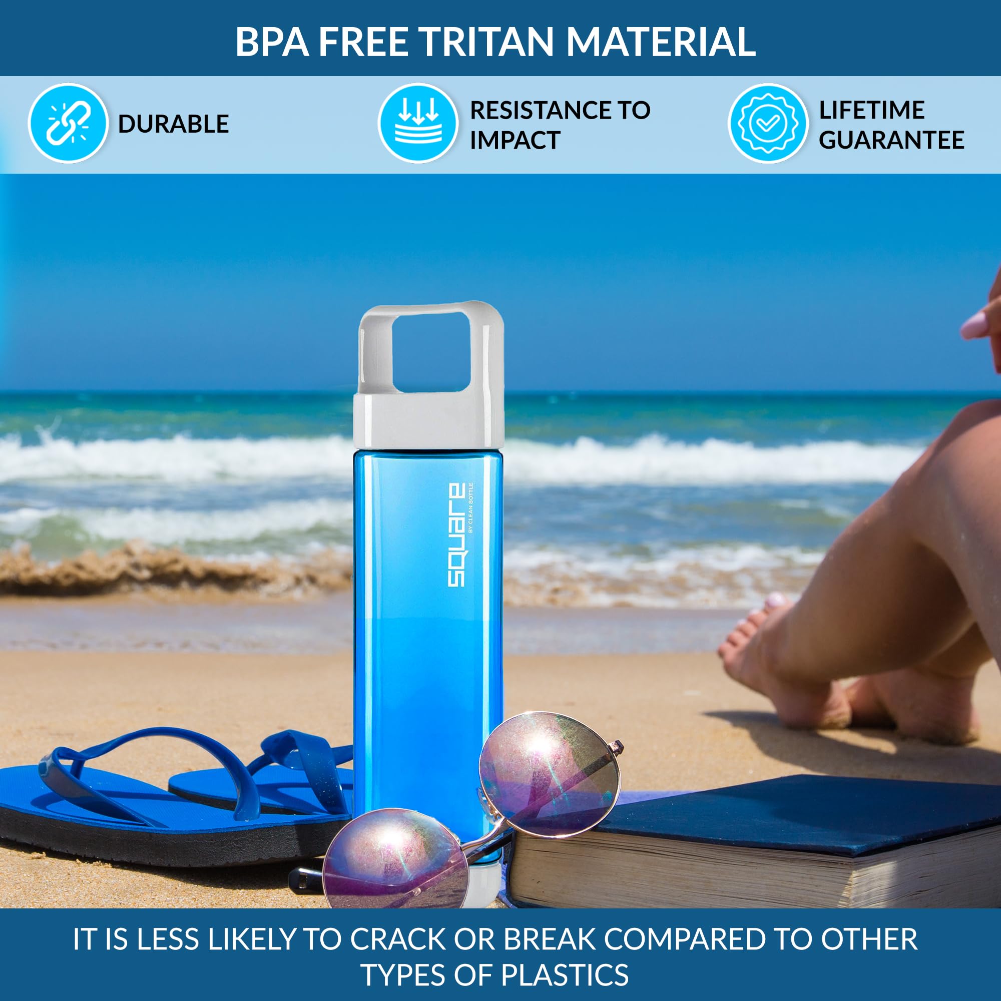 Clean Bottle Square Water Bottle 25oz BPA-Free Tritan Blue PSQ-001 for Travel with Leak Proof Carabiner Lid