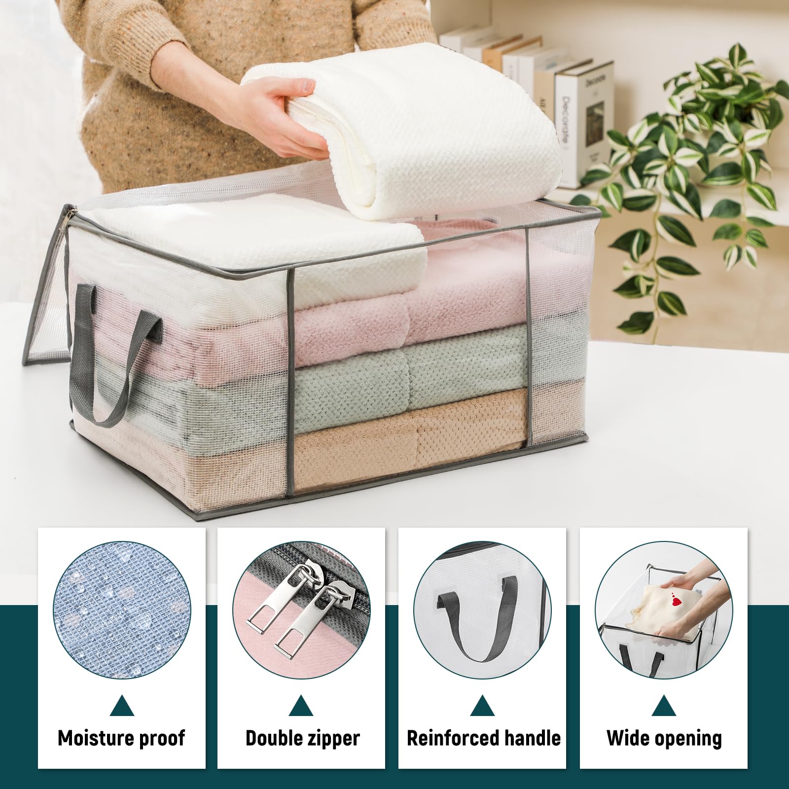 LANDNEOO 6-Pack Clothes Storage Bags, Plastic Foldable Blanket Storage bins, Closet Organizer Container for Bedroom, Bedding, Co