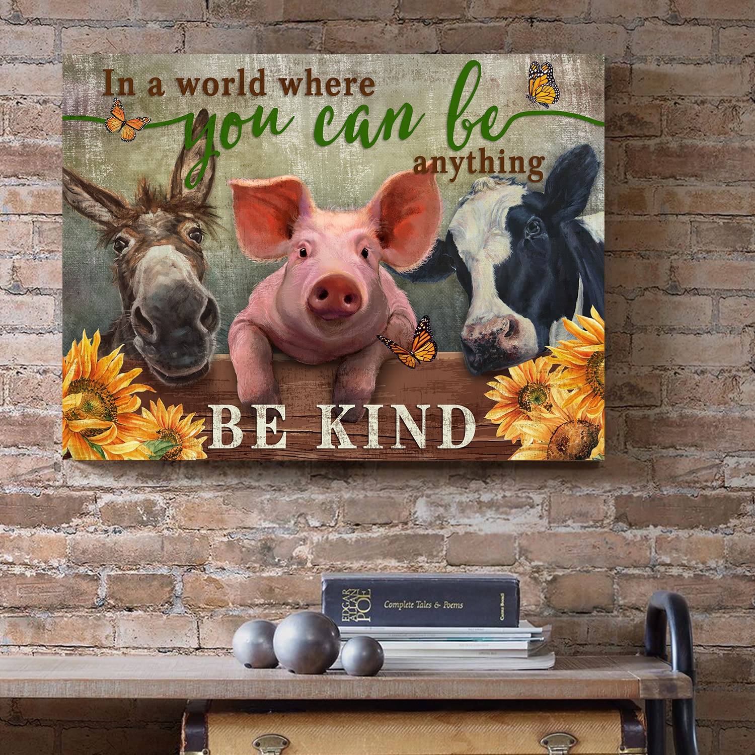 WOWGOOMO Rustic Farm Cow Pig Donkey Wall Art Be Kind Movitational Wall Art for Office Farmhouse Animal Picture Print on Canvas Painting Framed Artwork for Living Room Bedroom Kitchen Decor 12x16 inch
