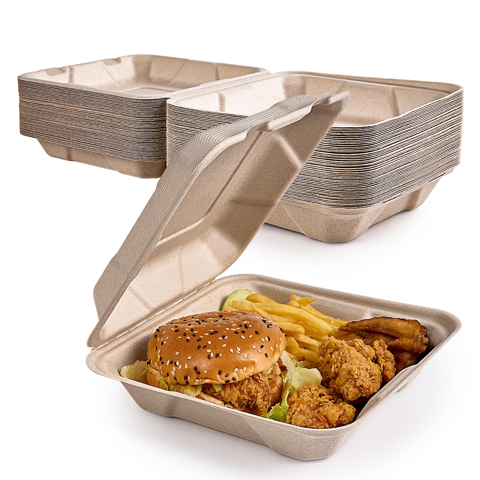 Ecolipak 50 Pack Clamshell Take Out Food Containers, 100% Compostable Disposable To Go Containers, 8X8 Heavy-Duty To Go Boxes, E